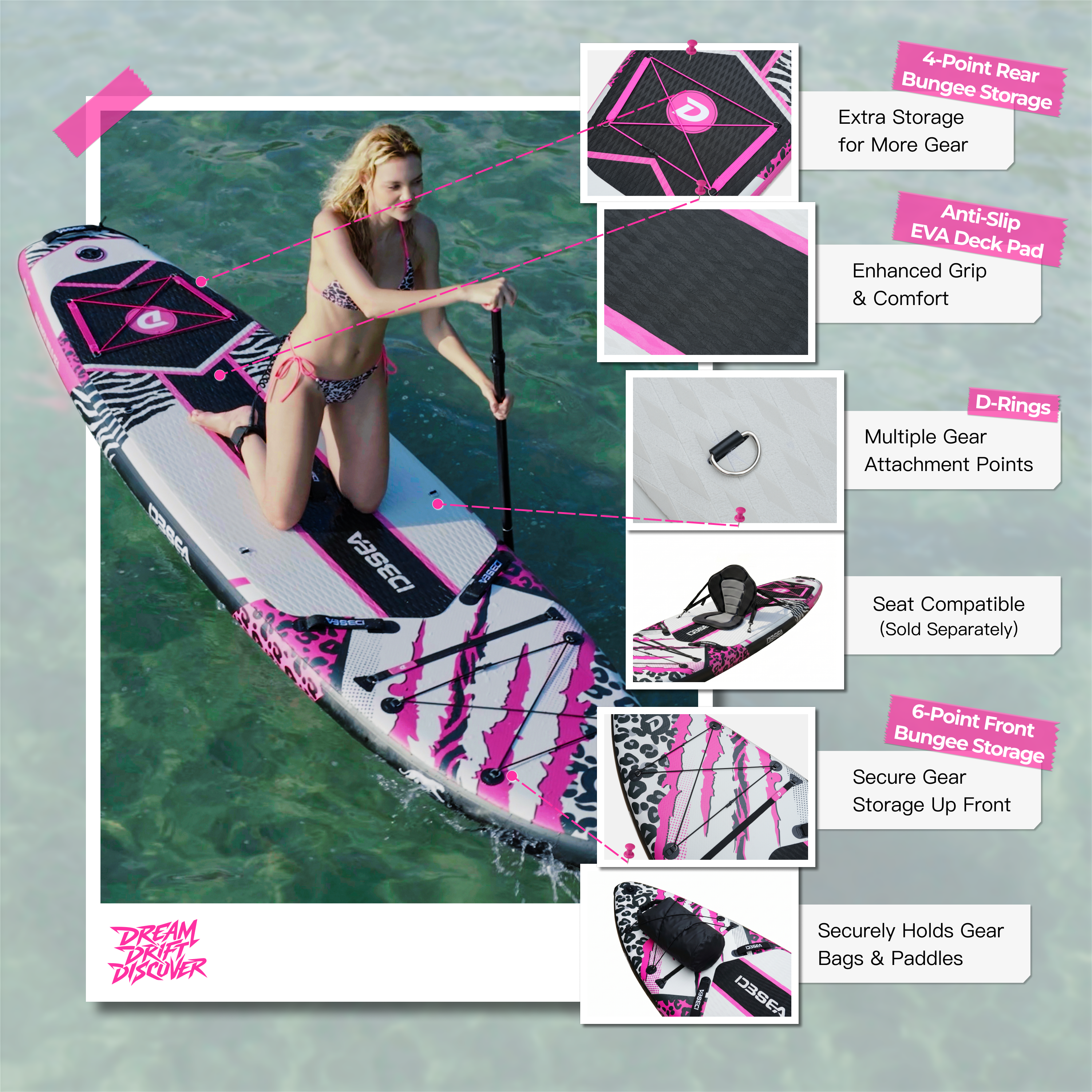 D3SEA 11' × 34" Extra Wide Inflatable Paddle Board - Blackpink Leopard