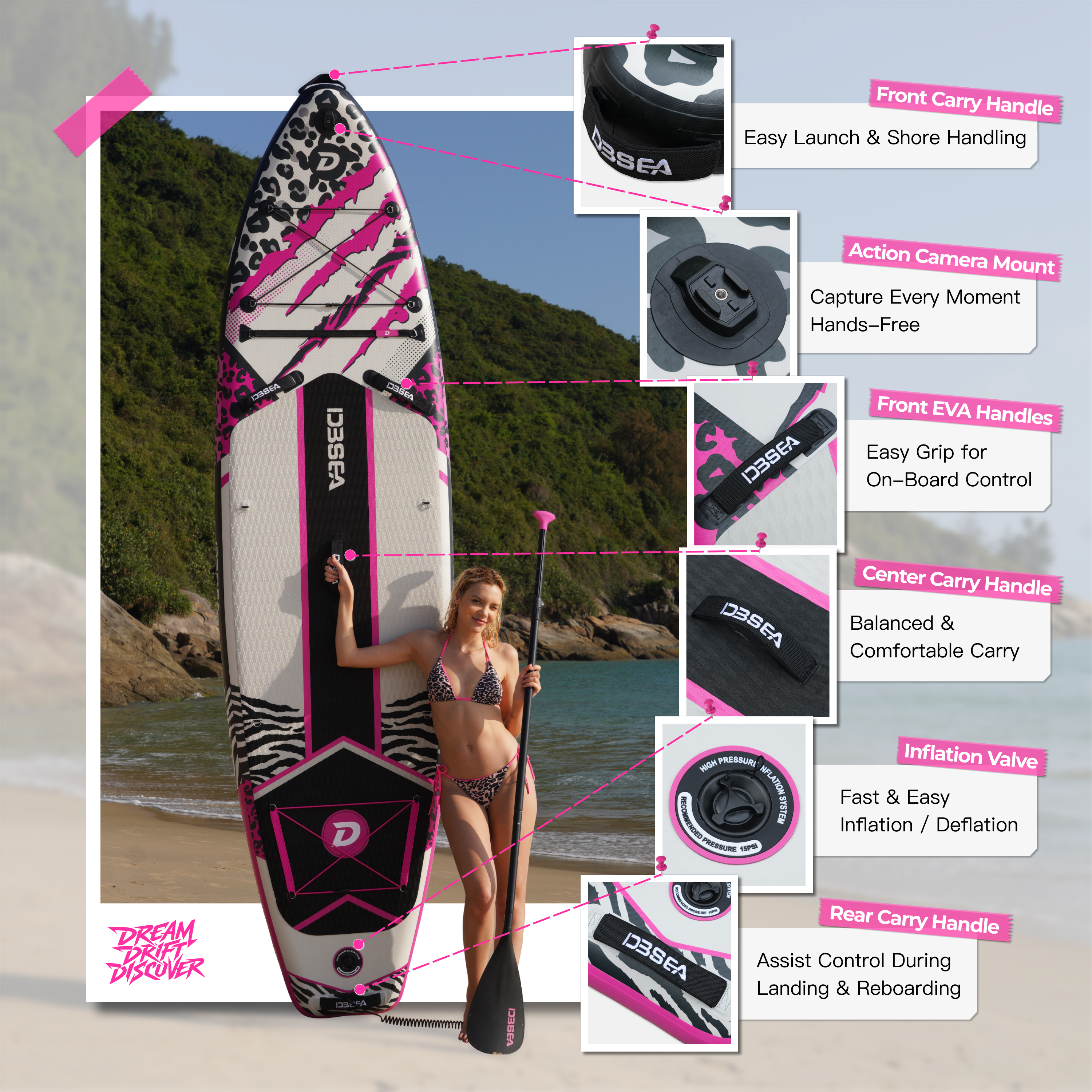 D3SEA 11' × 34" Extra Wide Inflatable Paddle Board - Blackpink Leopard