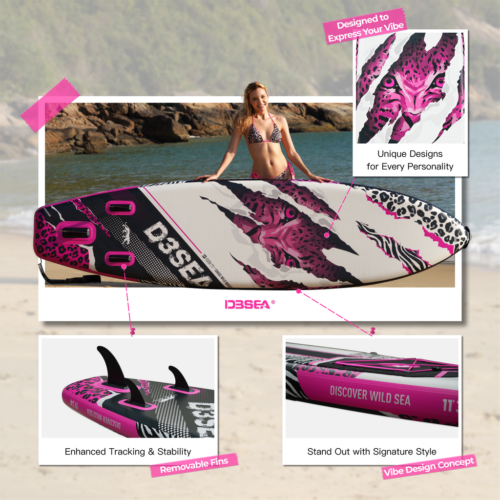 D3SEA 11' × 34" Extra Wide Inflatable Paddle Board - Blackpink Leopard