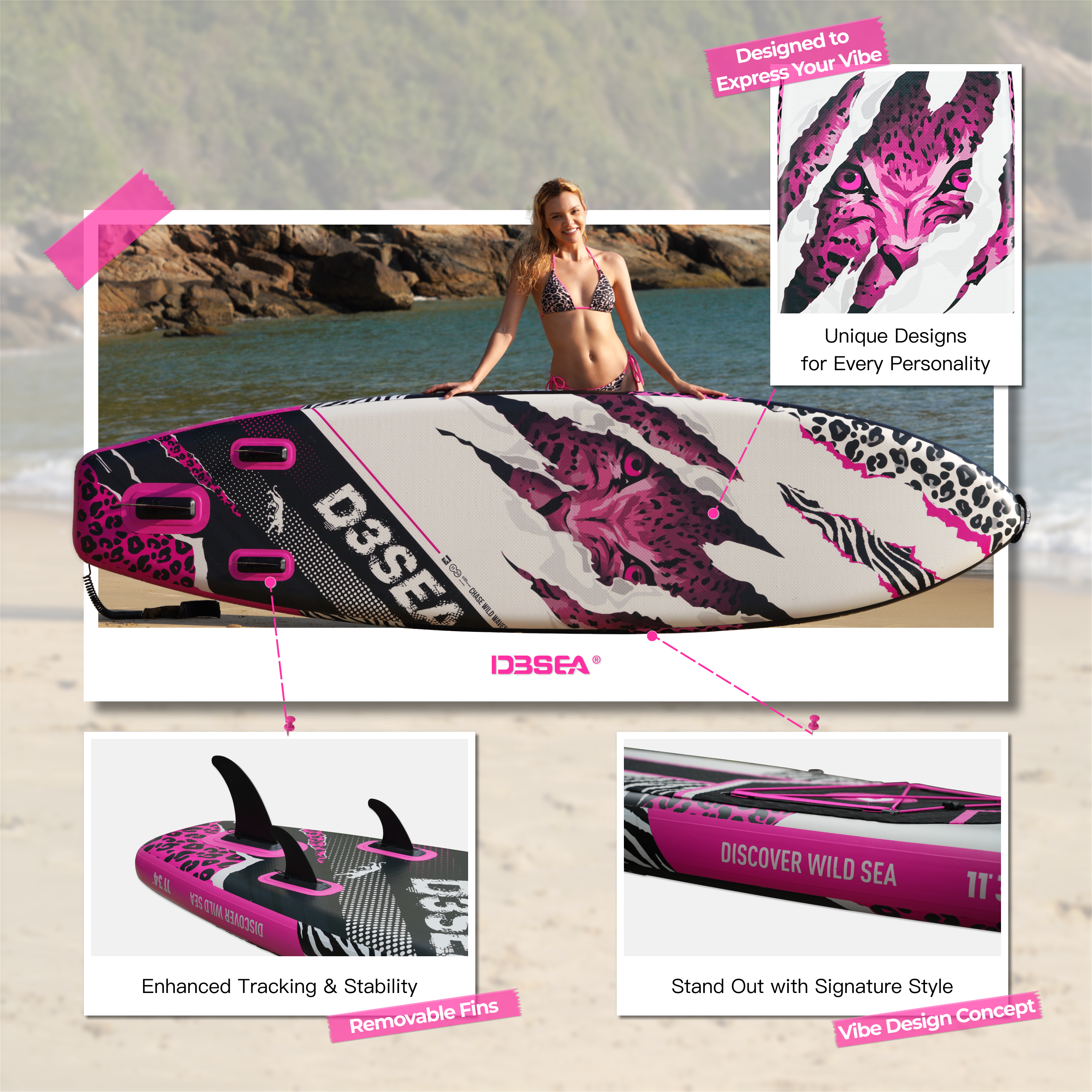 D3SEA 11' × 34" Extra Wide Inflatable Paddle Board - Blackpink Leopard