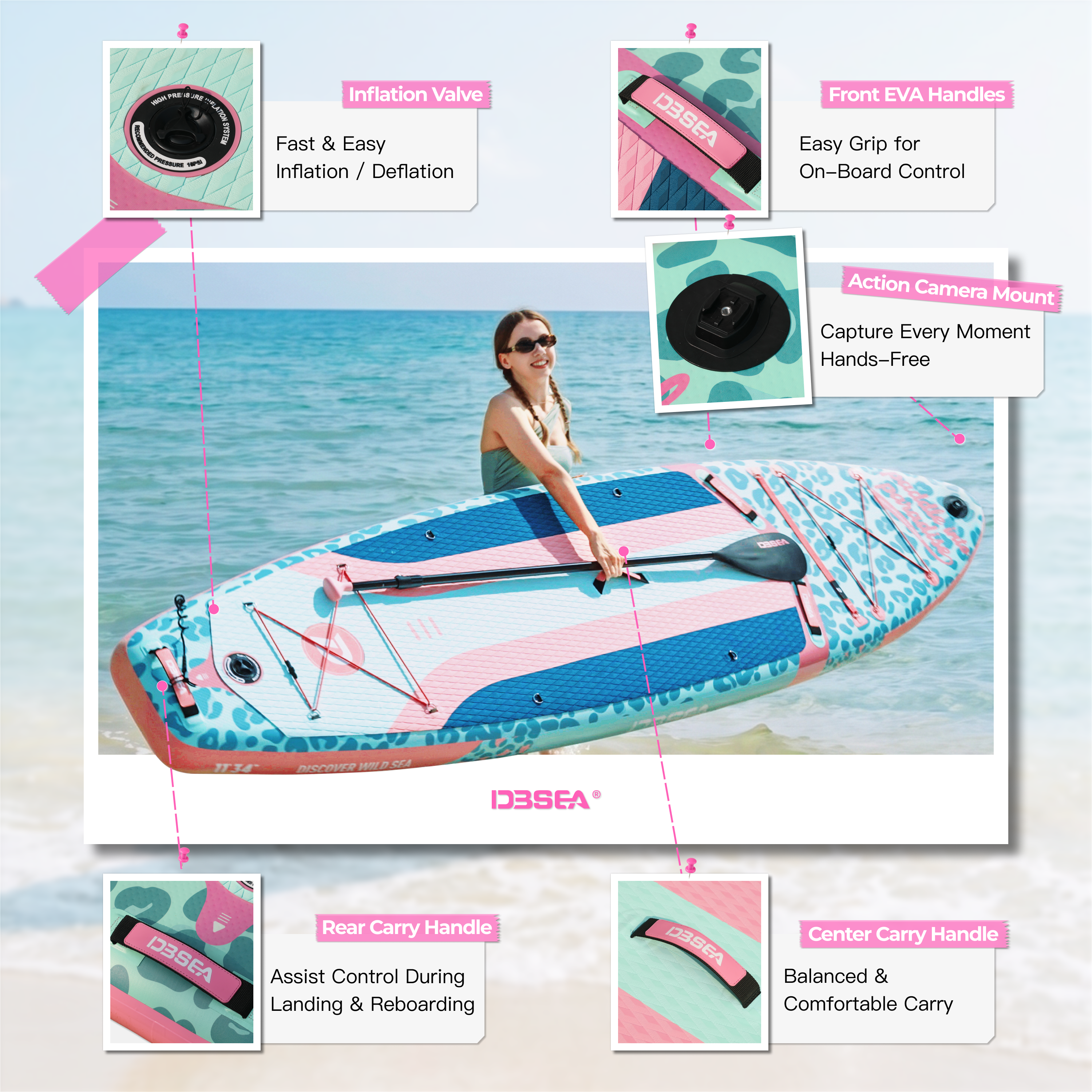 D3SEA 11' × 34" Extra Wide Inflatable Paddle Board - Seafoam Green Leopard