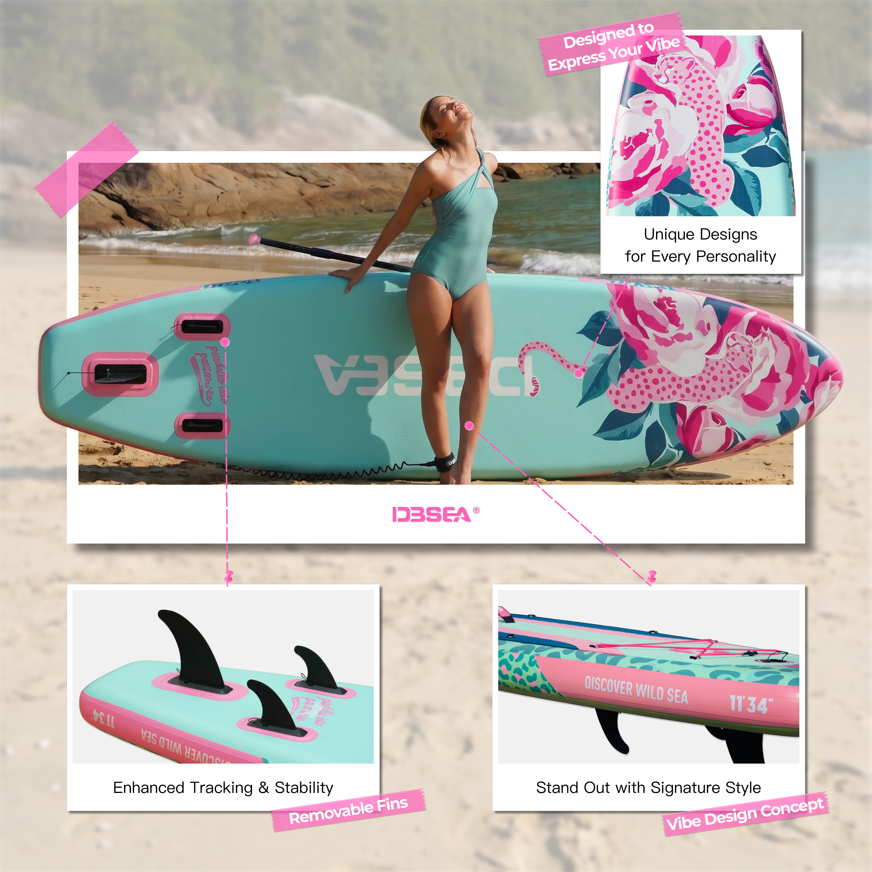 D3SEA 11' × 34" Extra Wide Inflatable Paddle Board - Seafoam Green Leopard