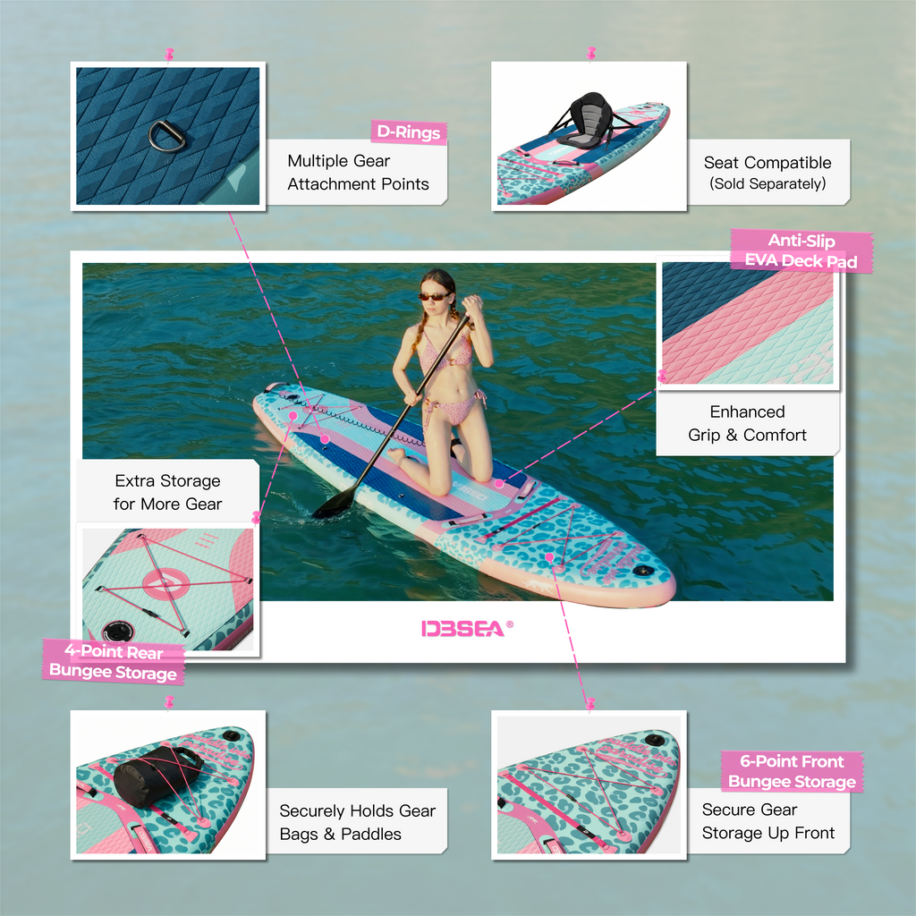 D3SEA 11' × 34" Extra Wide Inflatable Paddle Board - Seafoam Green Leopard