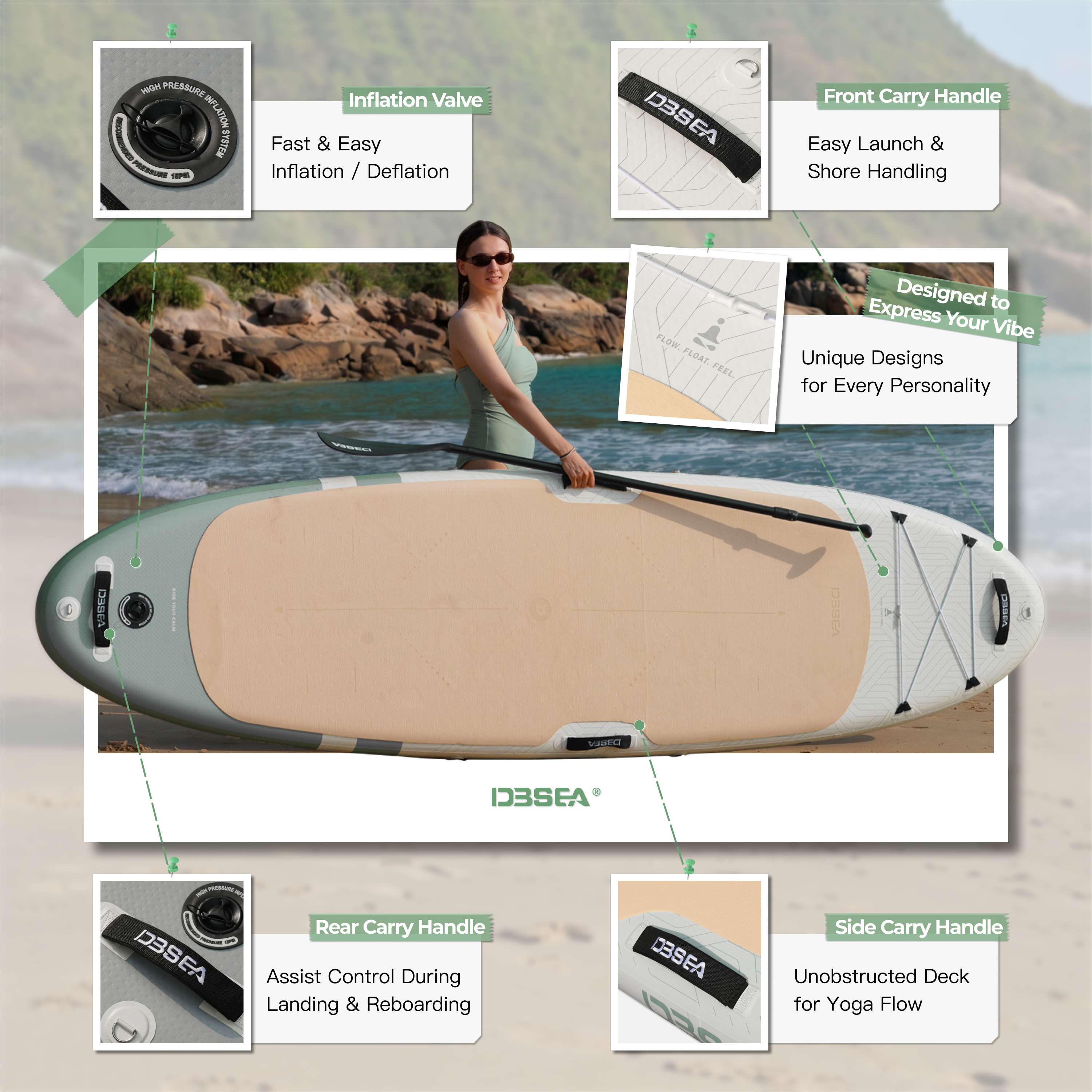 D3SEA 11' × 35" Extra Wide Inflatable Yoga SUP - Iceberg Green Pomegranate