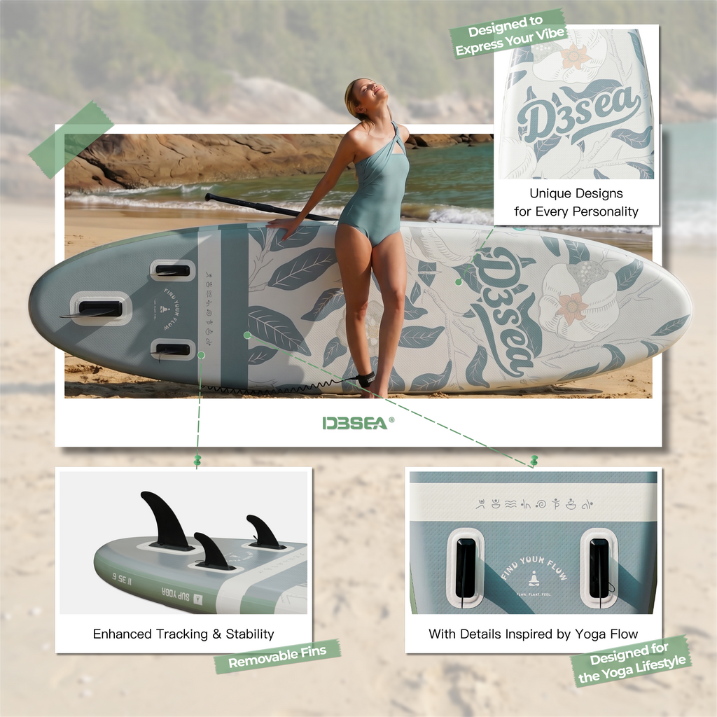 D3SEA 11' × 35" Extra Wide Inflatable Yoga SUP - Iceberg Green Pomegranate