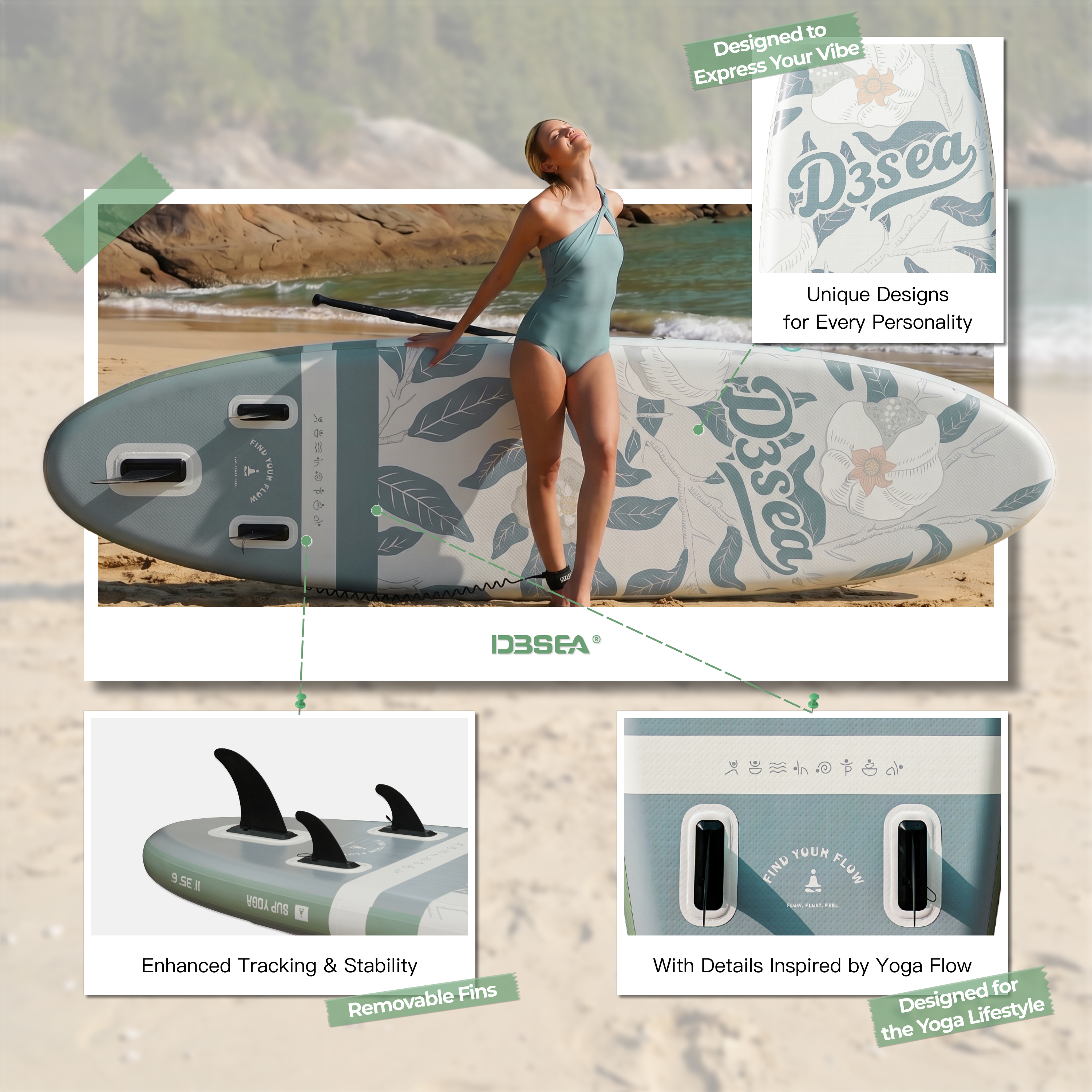 D3SEA 11' × 35" Extra Wide Inflatable Yoga SUP - Iceberg Green Pomegranate