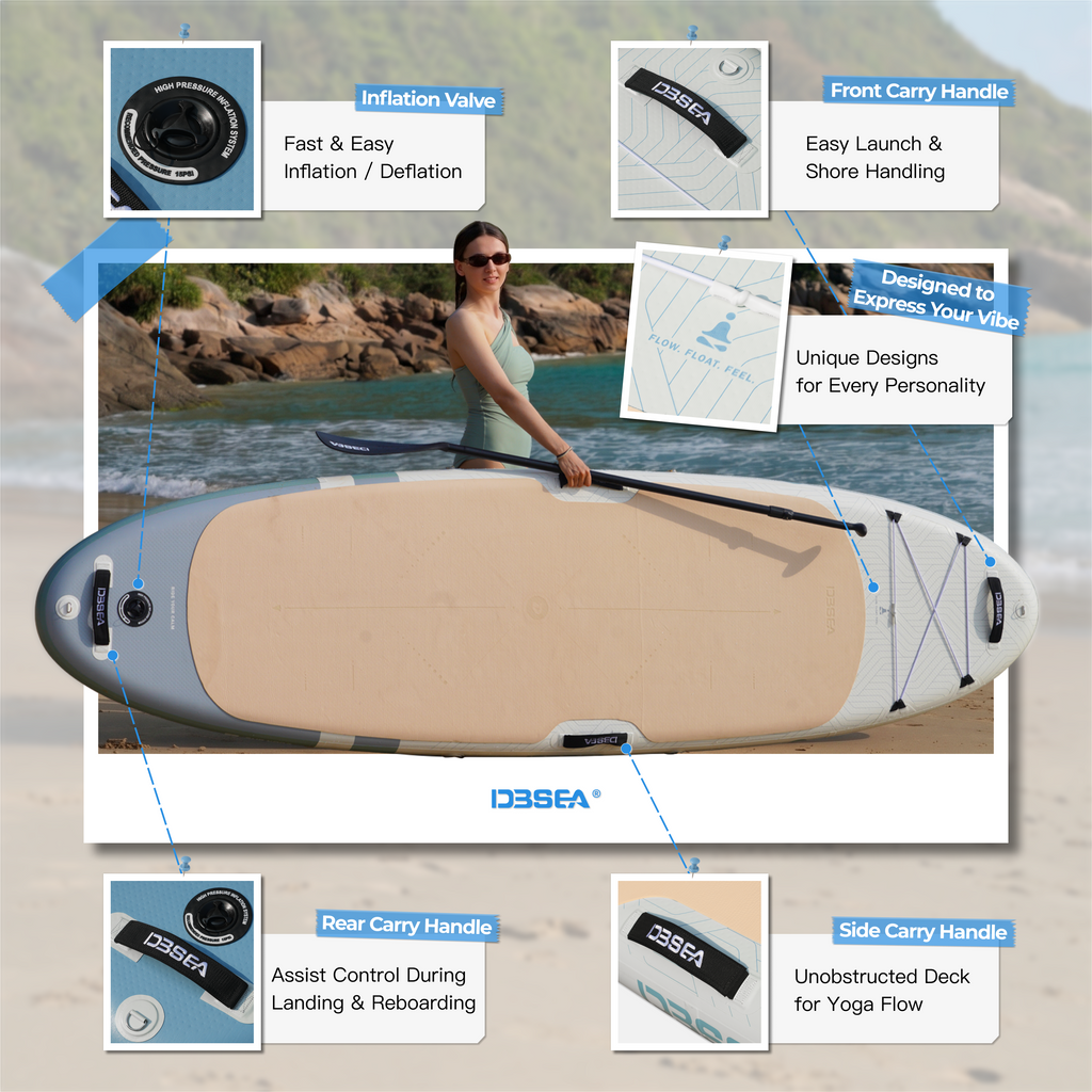D3SEA 11' × 35" Extra Wide Inflatable Yoga SUP - Mist Blue Jasmine