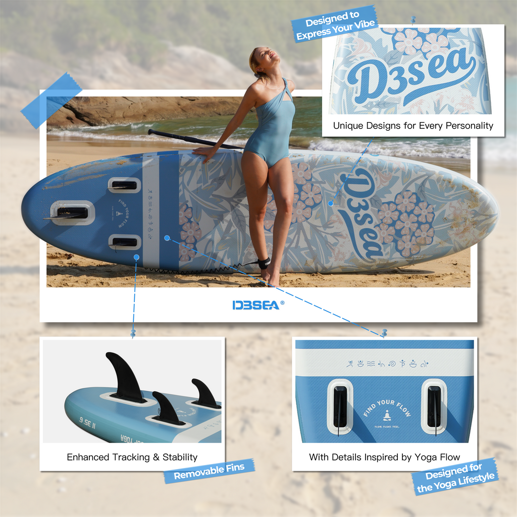 D3SEA 11' × 35" Extra Wide Inflatable Yoga SUP - Mist Blue Jasmine