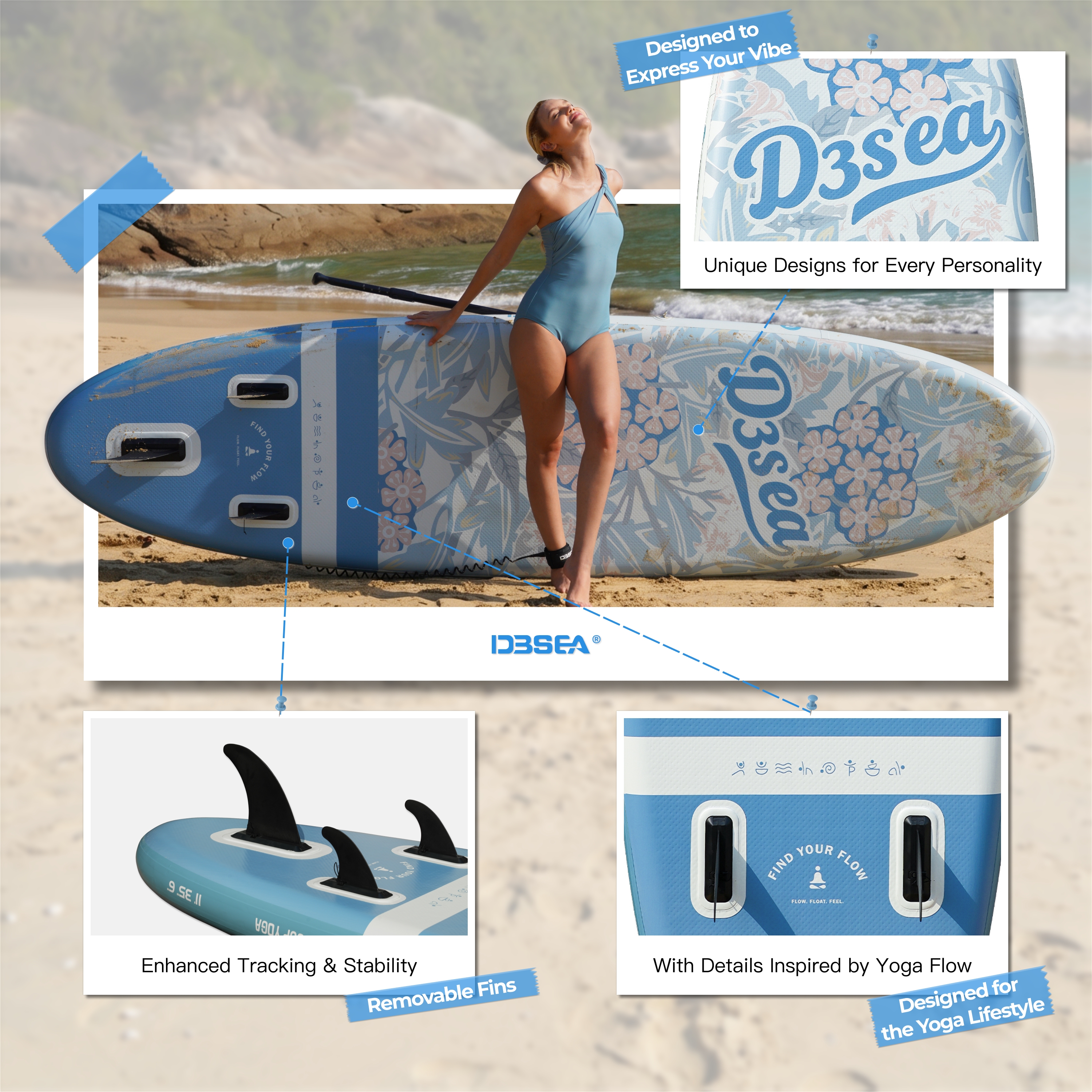 D3SEA 11' × 35" Extra Wide Inflatable Yoga SUP - Mist Blue Jasmine