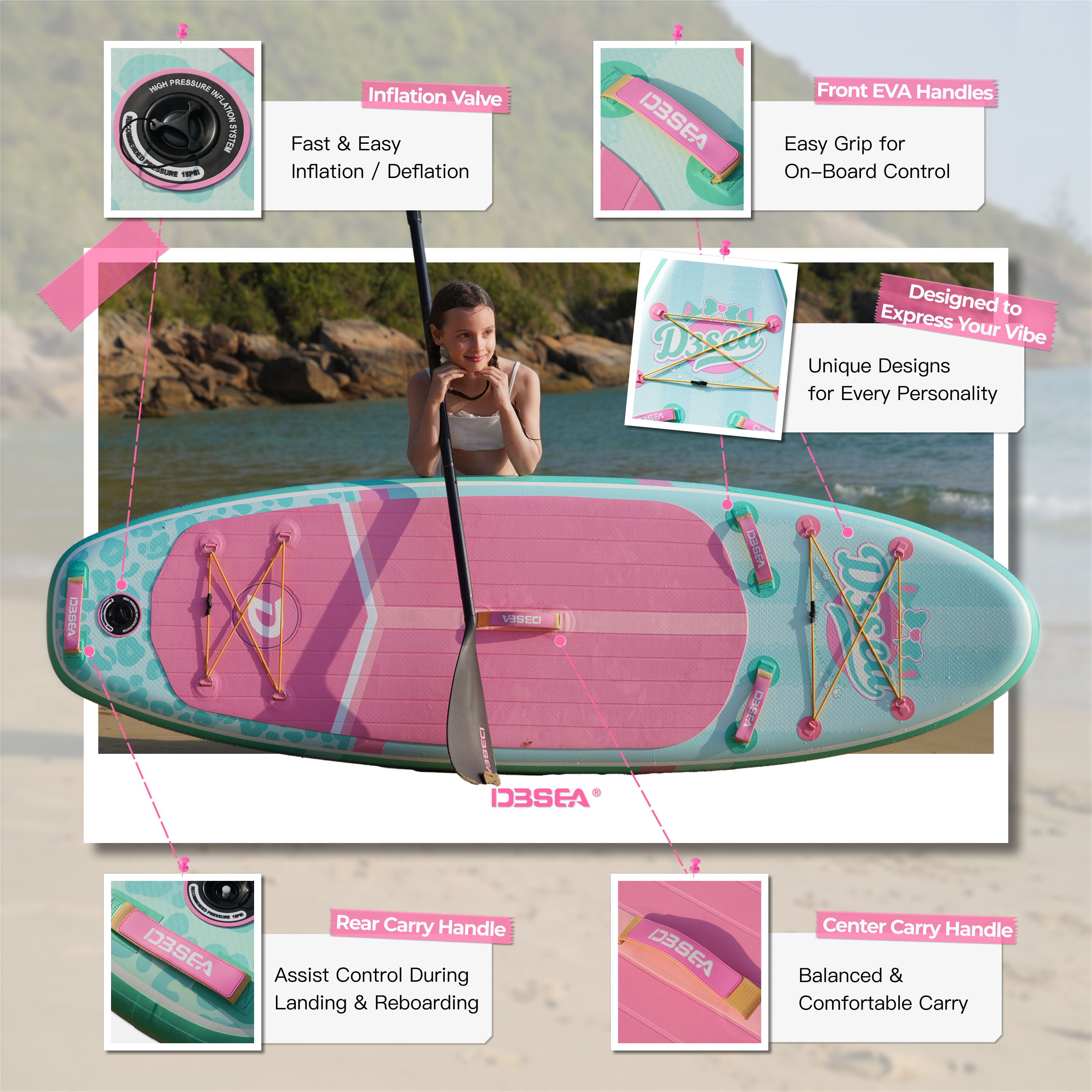 D3SEA 8' × 29" Inflatable Paddle Board for Kids - Glam Bolt Leopard (Mint Pink)