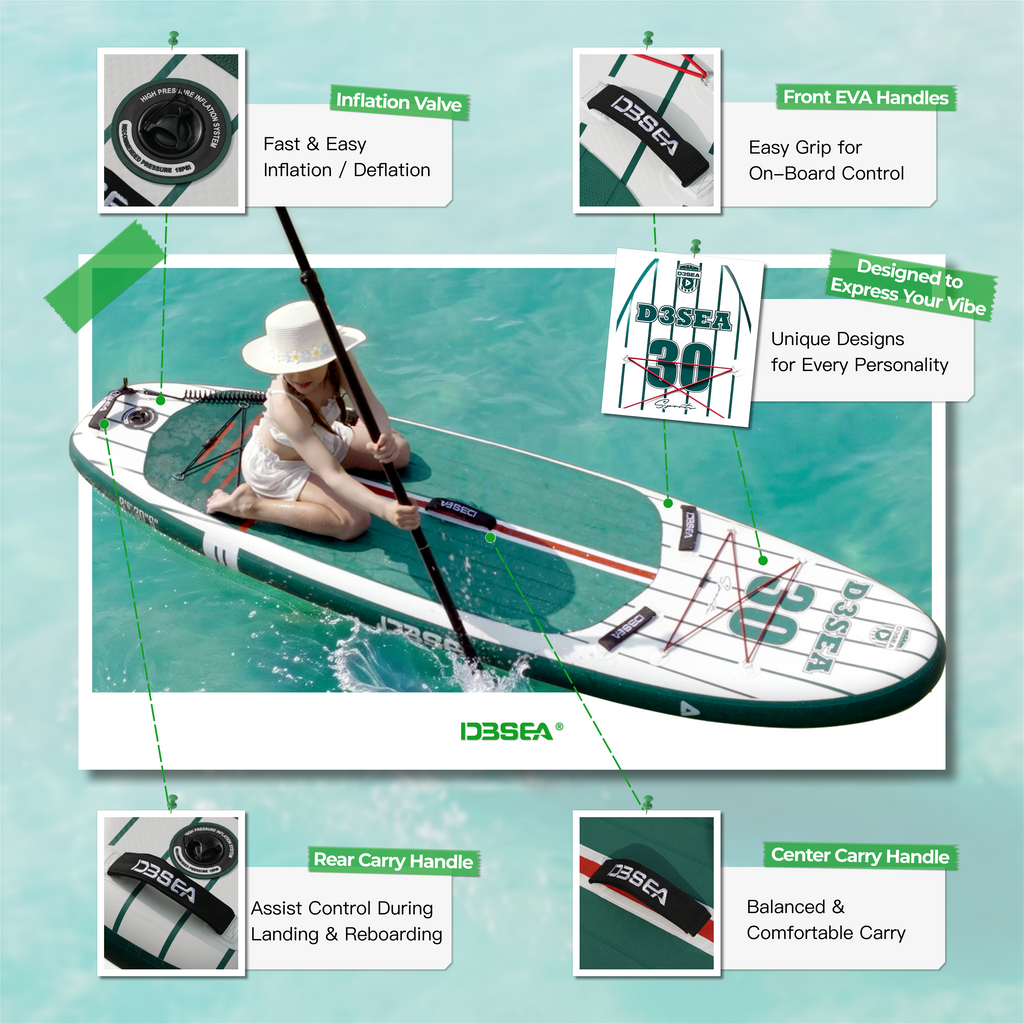 D3SEA 8'6" x 30" Inflatable Paddle Board for Kids - Green Red Varsity