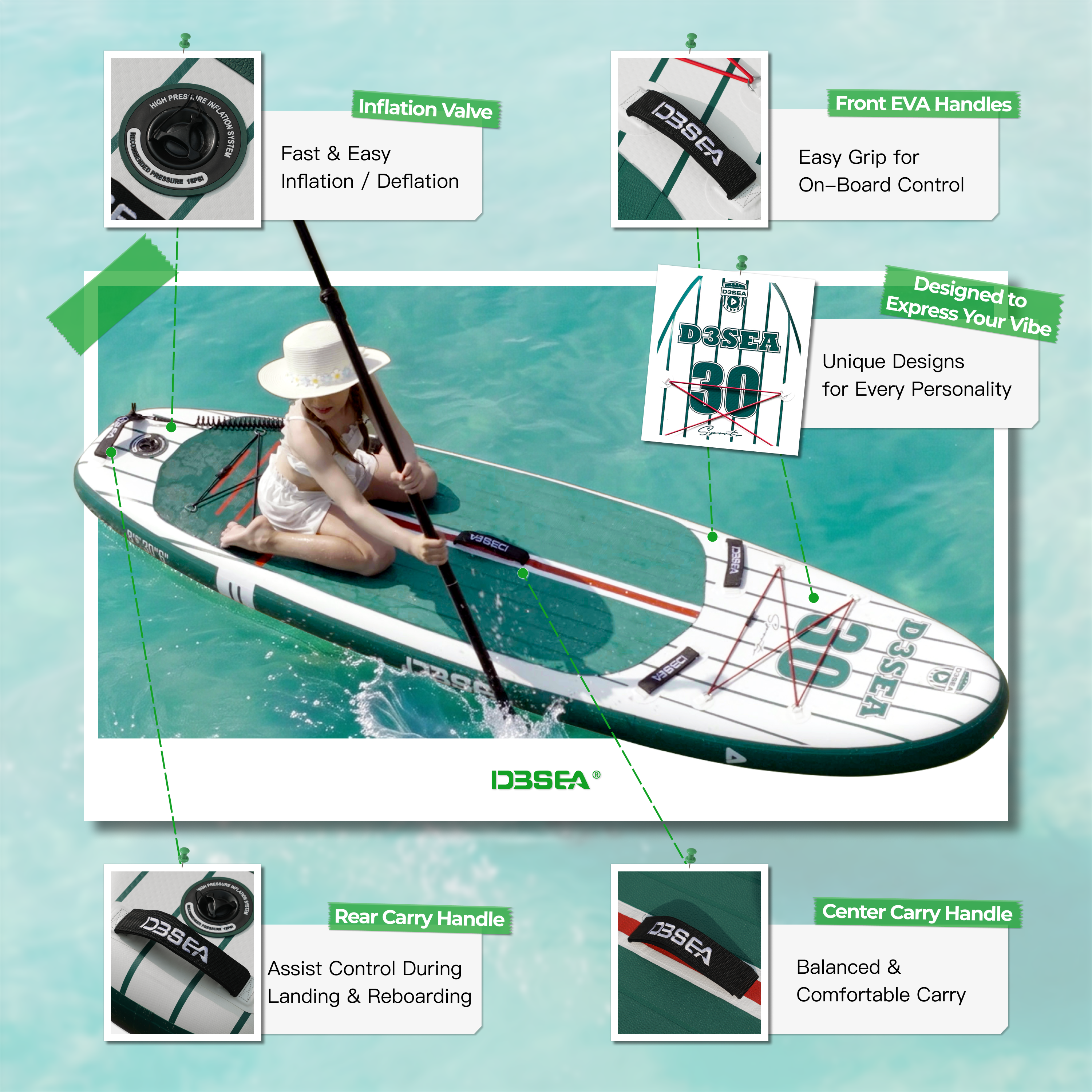 D3SEA 8'6" x 30" Inflatable Paddle Board for Kids - Green Red Varsity
