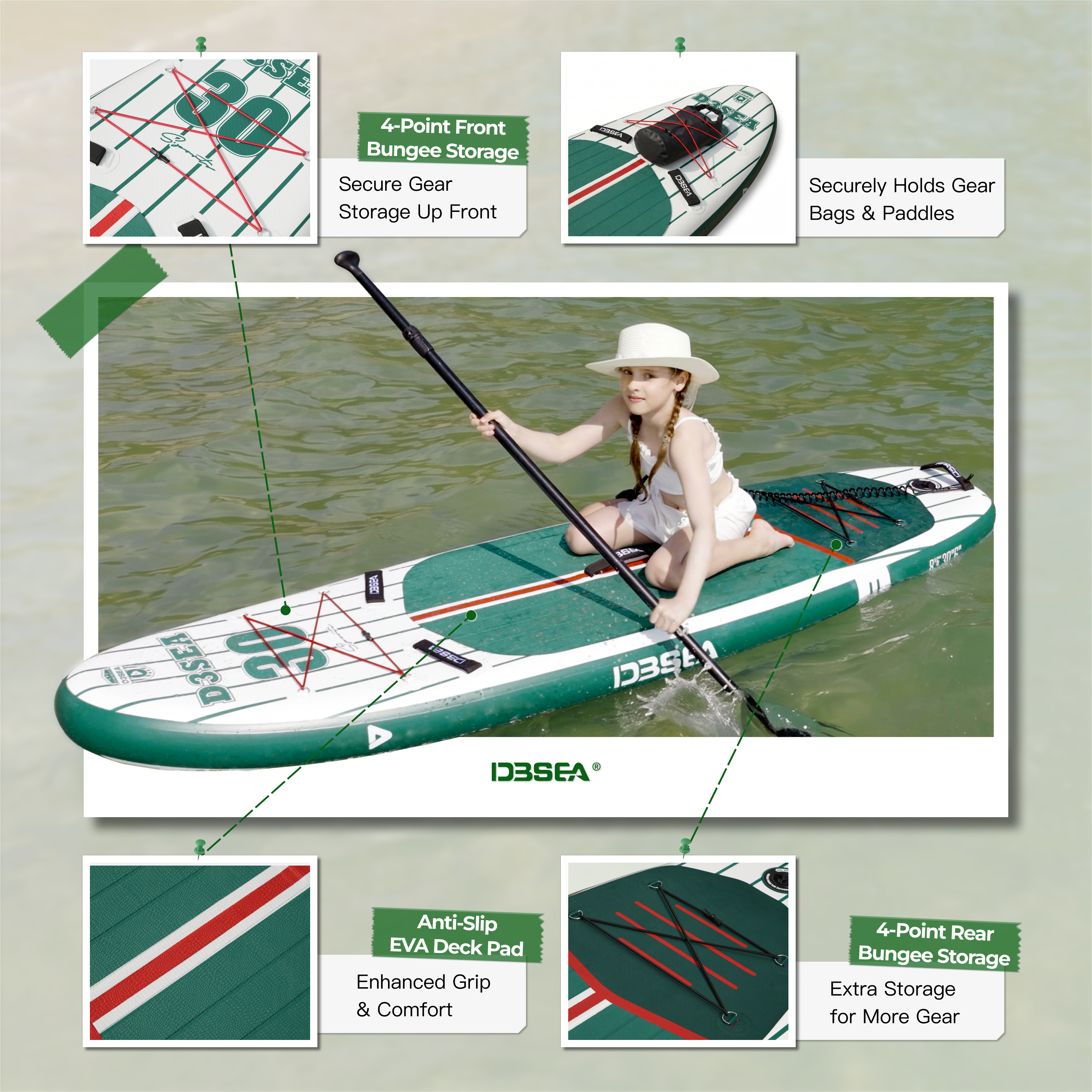 D3SEA 8'6" x 30" Inflatable Paddle Board for Kids - Green Red Varsity