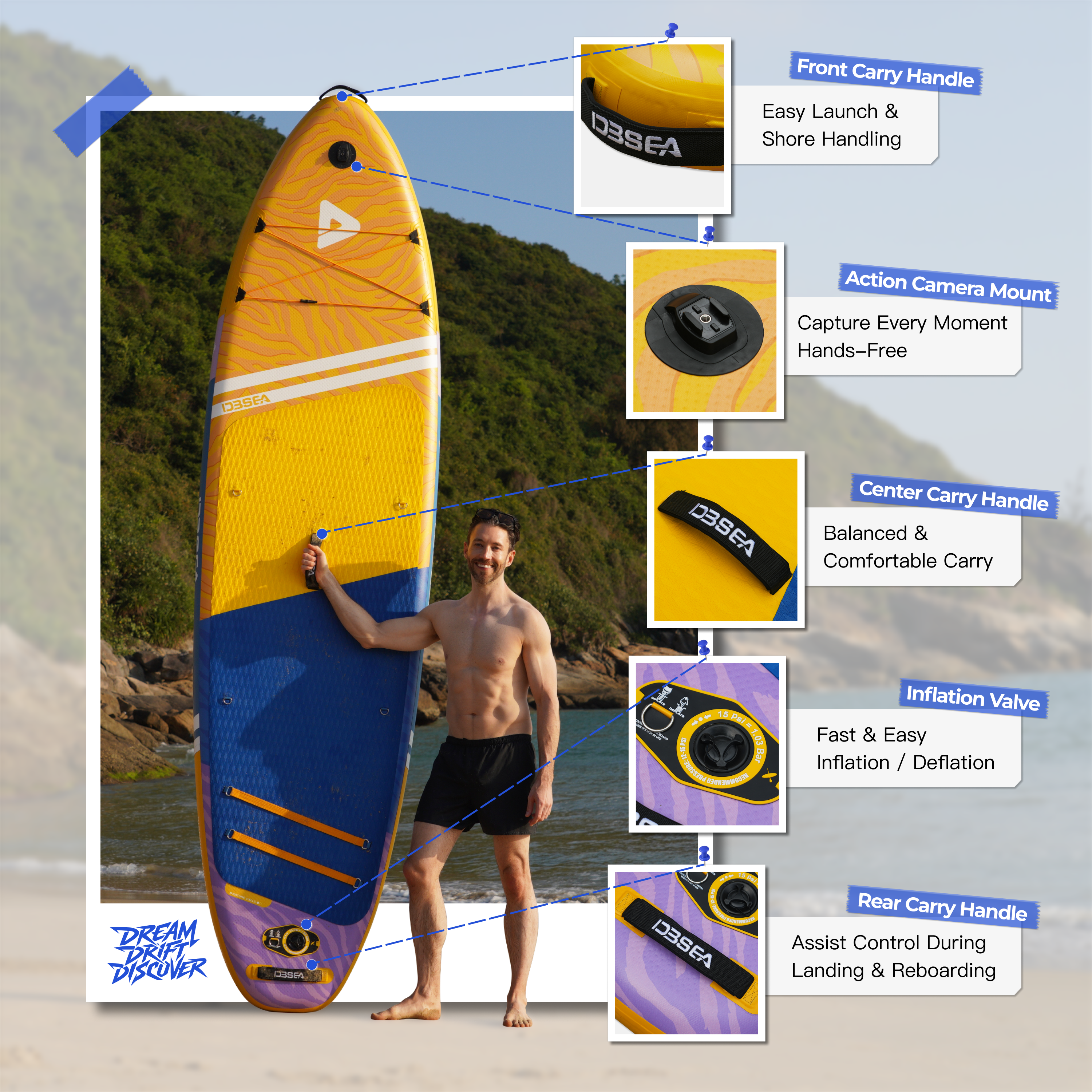D3SEA 11' × 34" Extra Wide Inflatable Paddle Board - Golden Zest Zebra