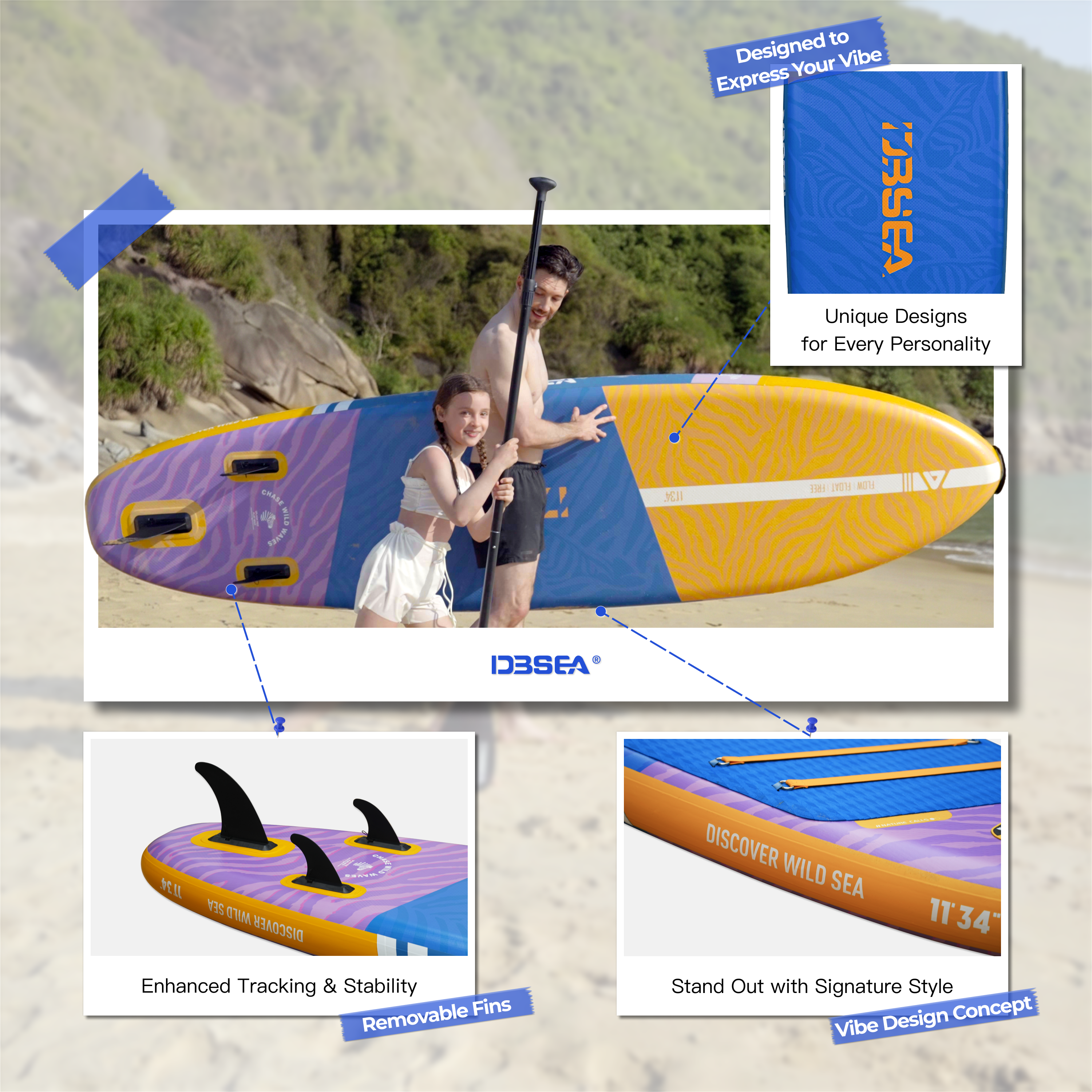 D3SEA 11' × 34" Extra Wide Inflatable Paddle Board - Golden Zest Zebra
