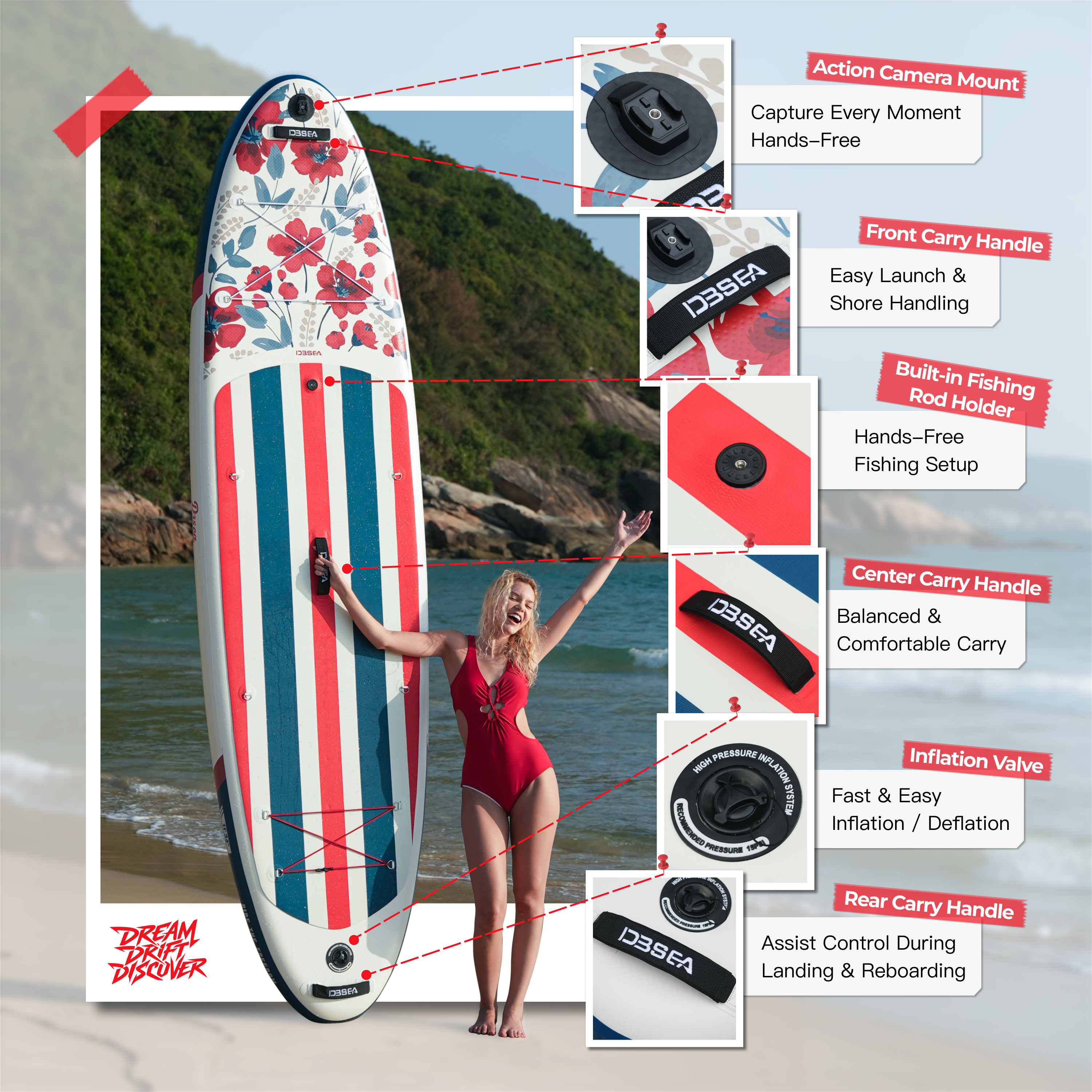 D3SEA 11' x 34" Extra Wide InflatablePaddle Board - Ruby Blue Bloom