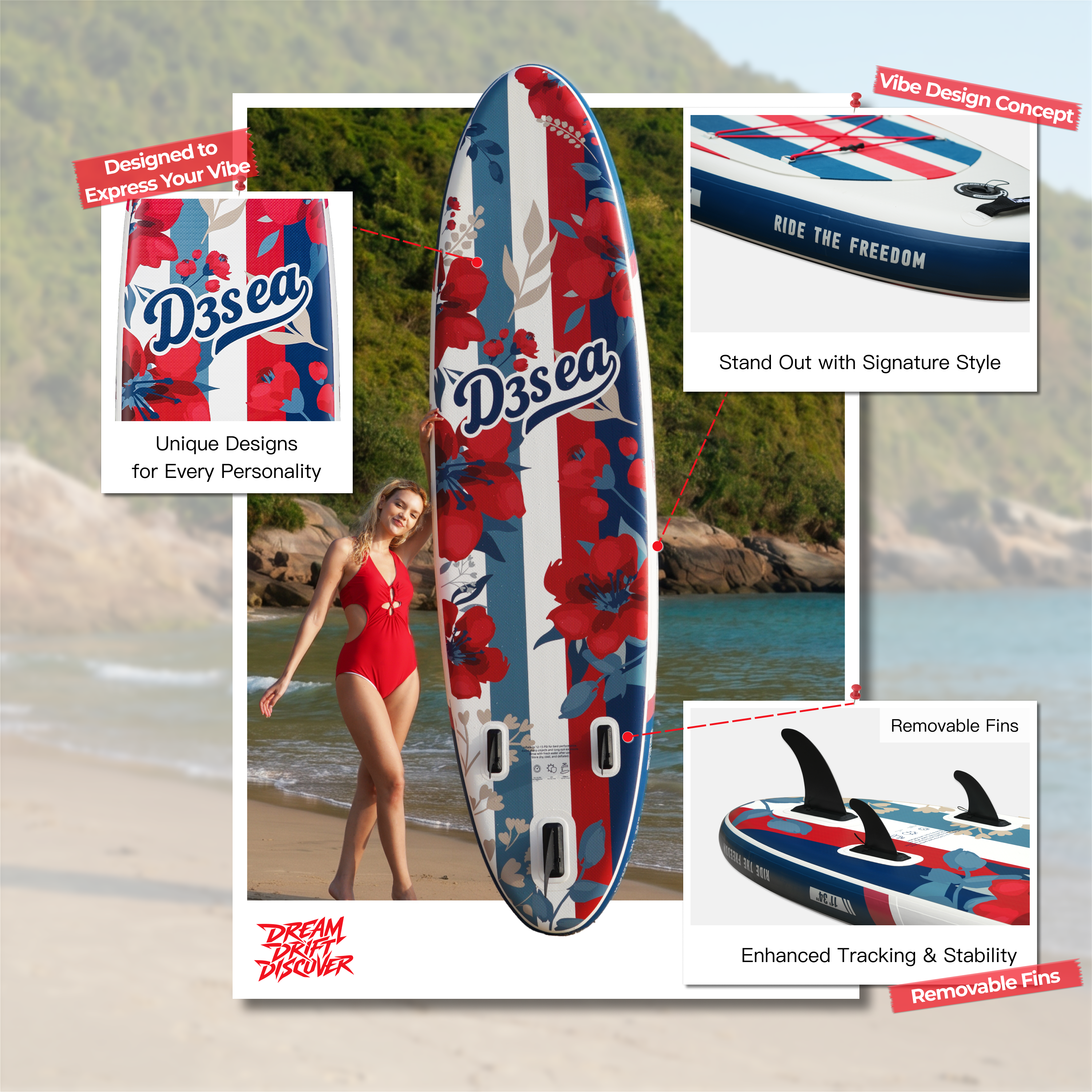 D3SEA 11' x 34" Extra Wide InflatablePaddle Board - Ruby Blue Bloom