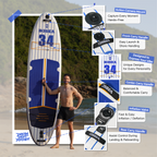D3SEA 11' x 34" Extra Wide Inflatable Paddle Board - Navy Blue Gold Varsity