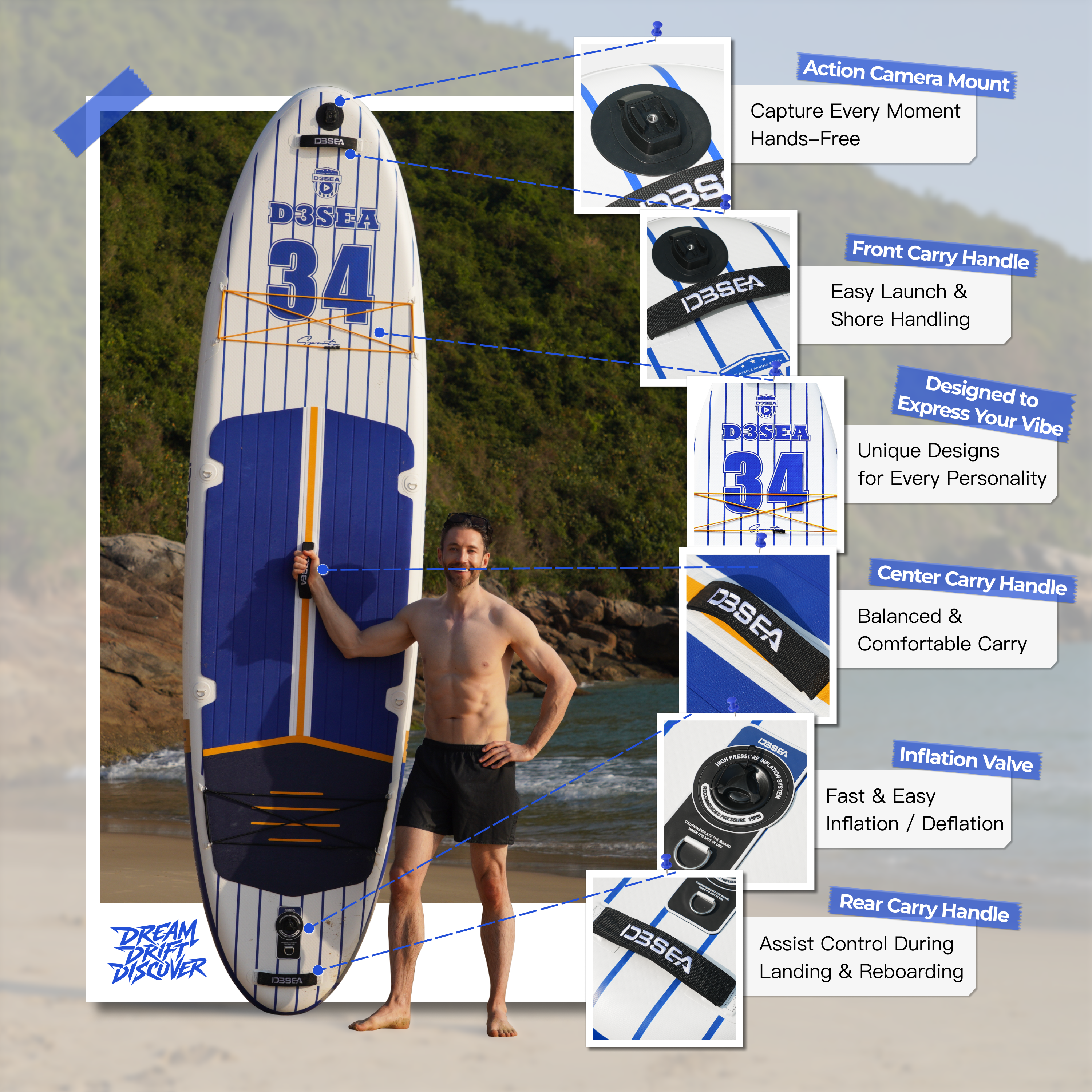 D3SEA 11' x 34" Extra Wide Inflatable Paddle Board - Navy Blue Gold Varsity