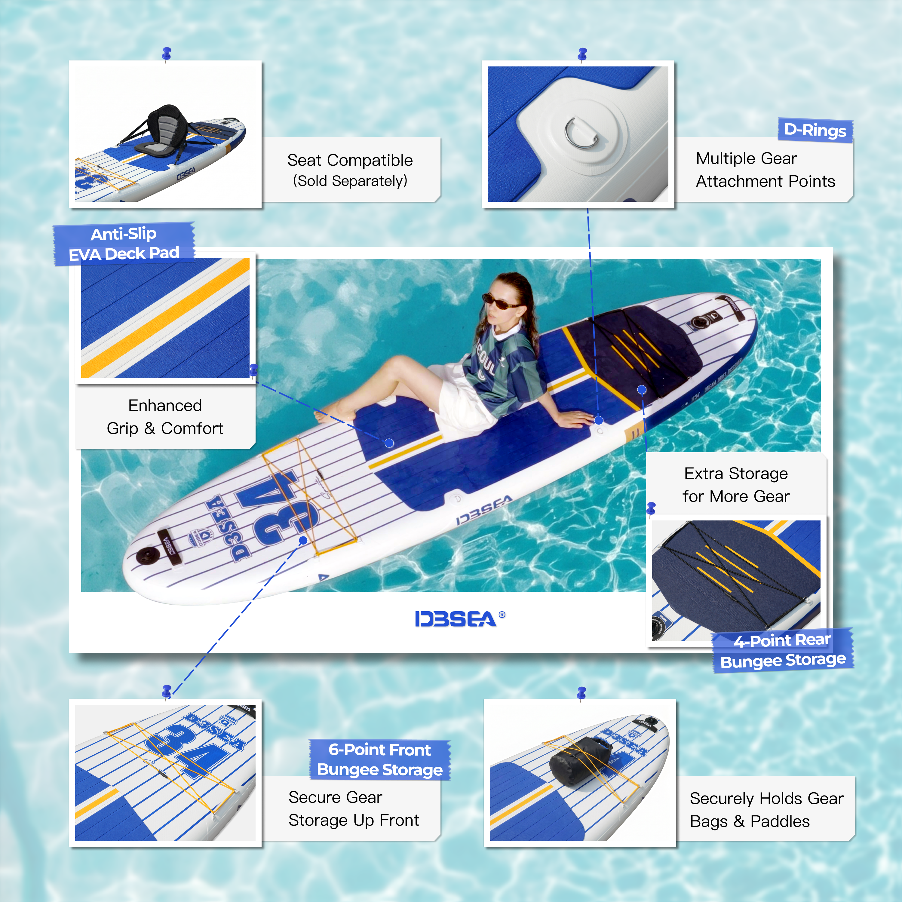 D3SEA 11' x 34" Extra Wide Inflatable Paddle Board - Navy Blue Gold Varsity