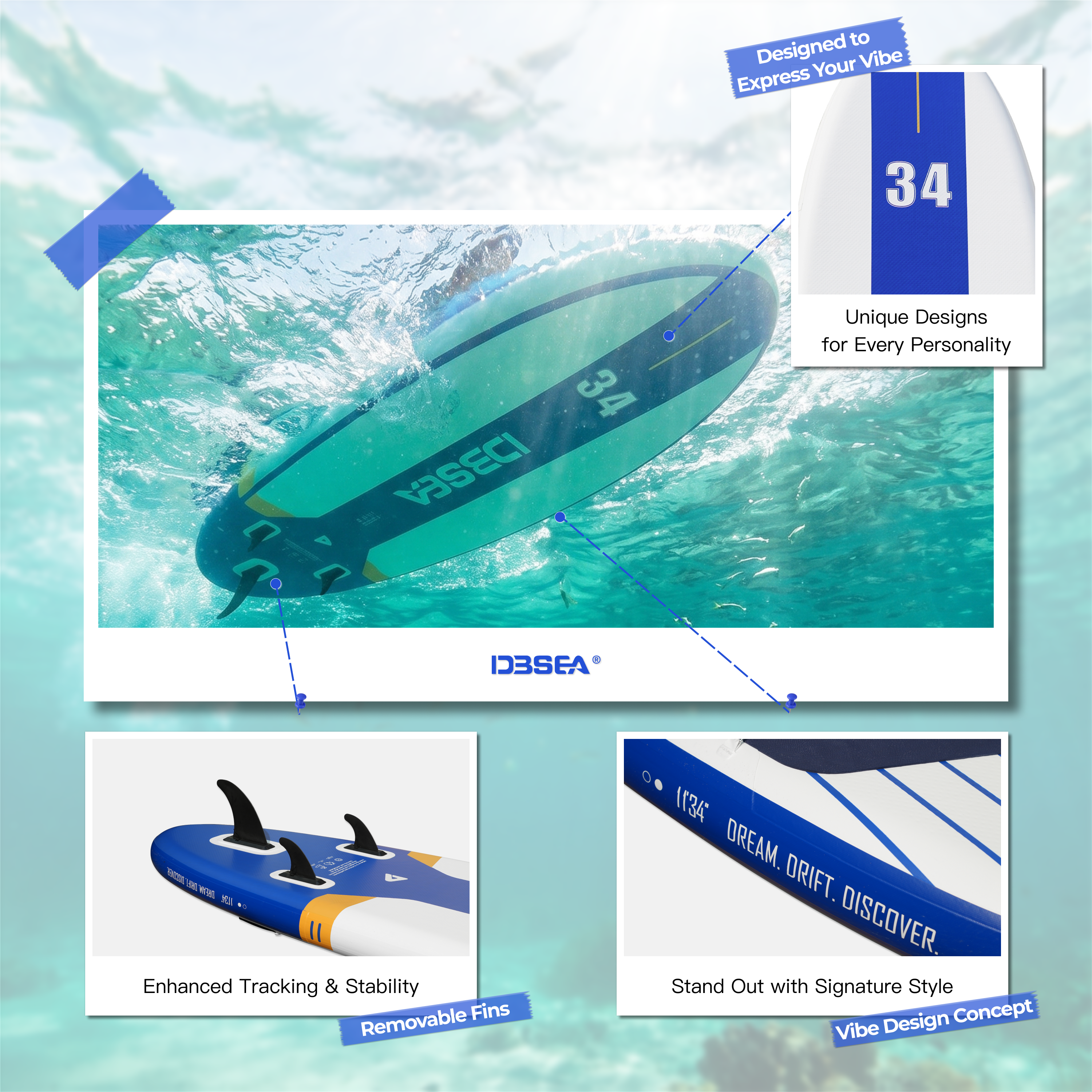D3SEA 11' x 34" Extra Wide Inflatable Paddle Board - Navy Blue Gold Varsity