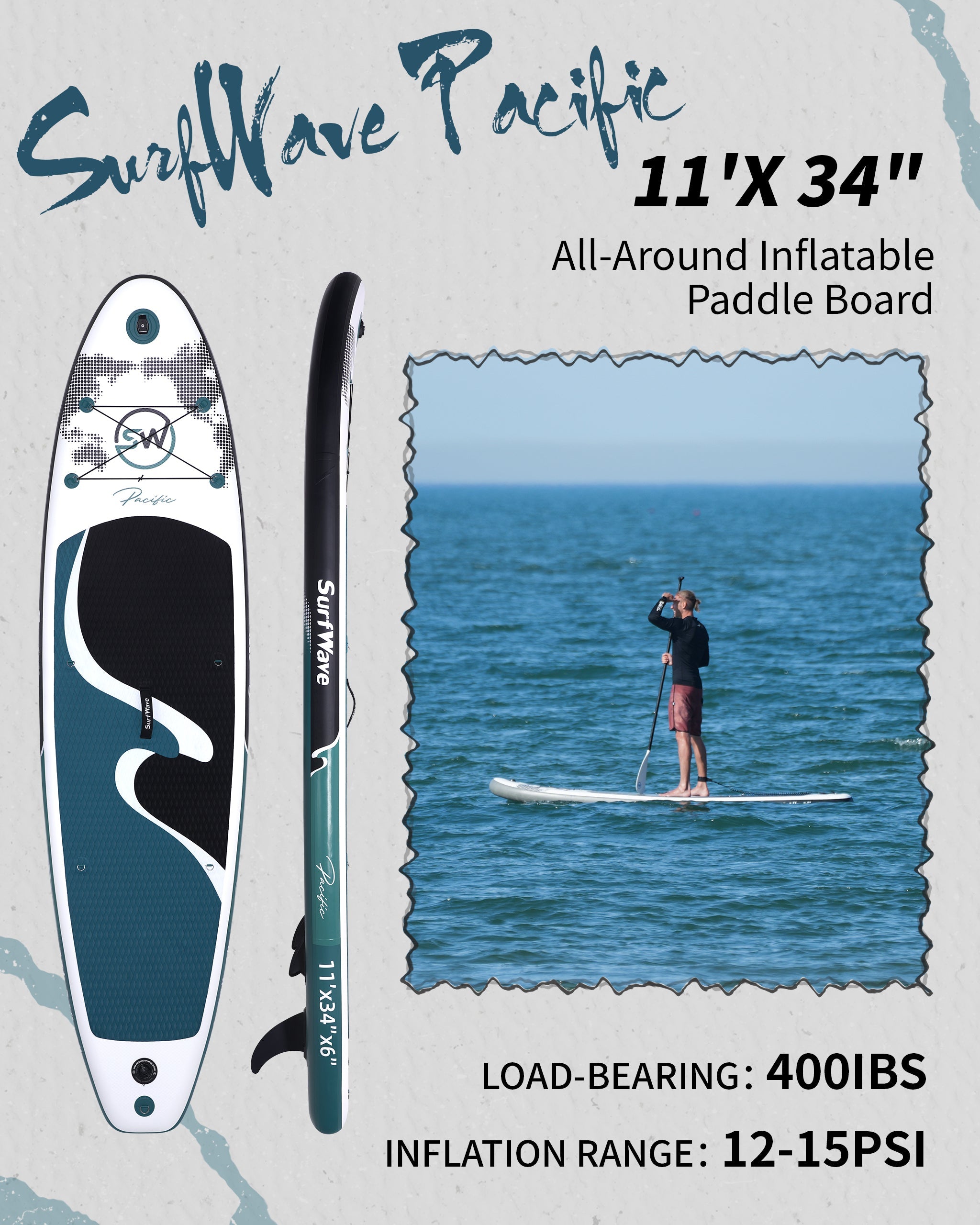 All-Around Inflatable SUP Board, blue paddle board Pacific 10.8ft Ultra-Stable inflatable stand up Paddle Board for Family & Touring - Includes Pump, Paddle & Backpack