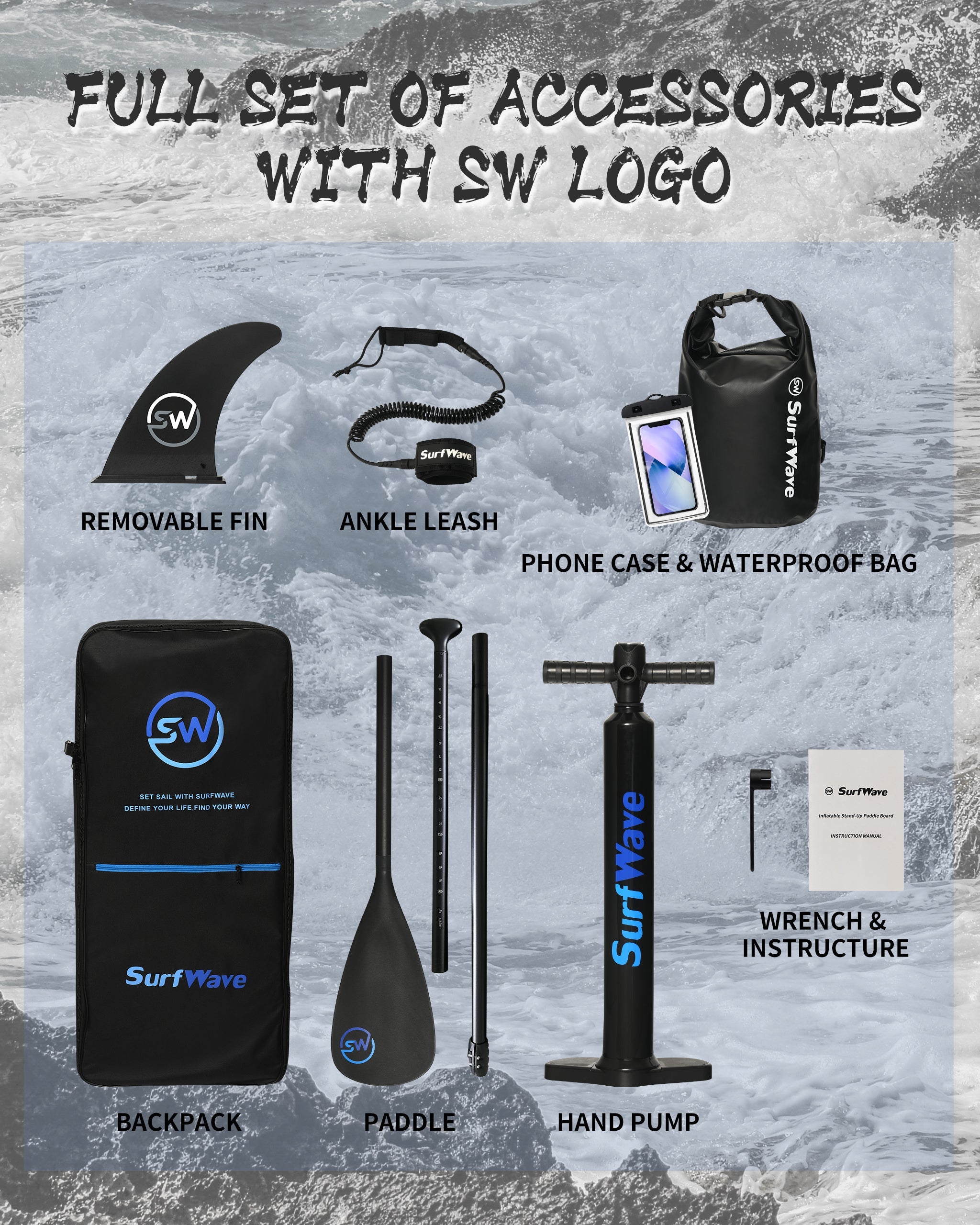 All-Around Inflatable SUP Board, blue paddle board Pacific 10.8ft Ultra-Stable inflatable stand up Paddle Board for Family & Touring - Includes Pump, Paddle & Backpack