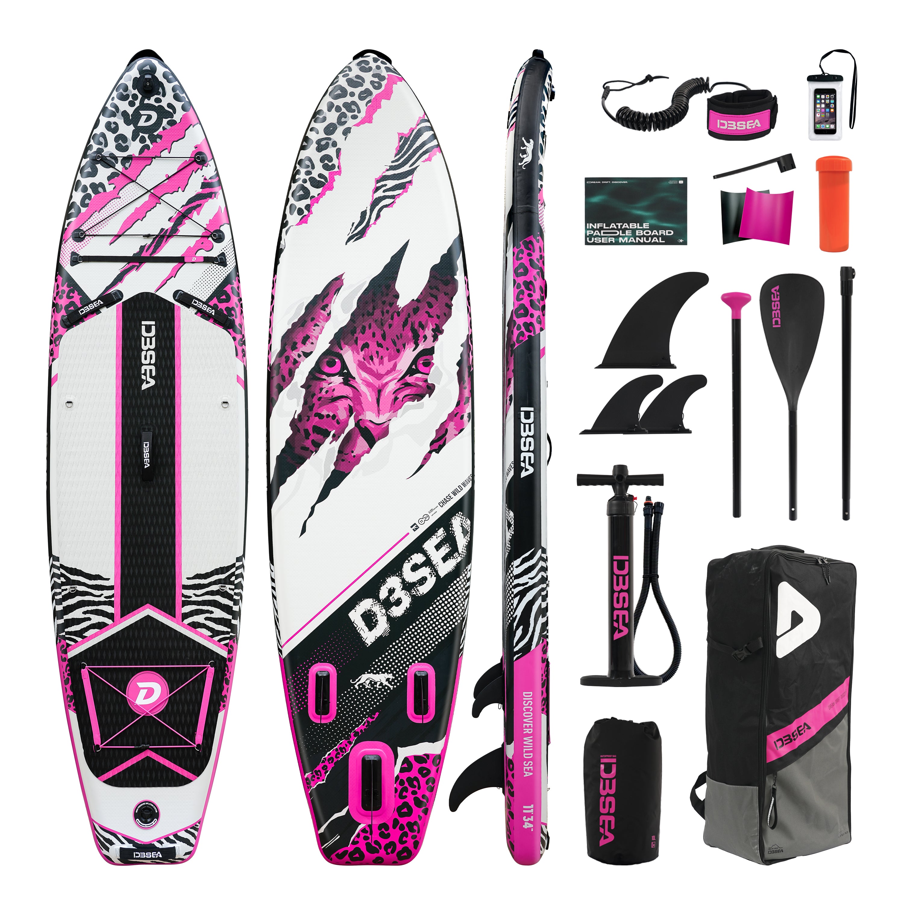 D3SEA 11' × 34" Extra Wide Inflatable Paddle Board - Blackpink Leopard