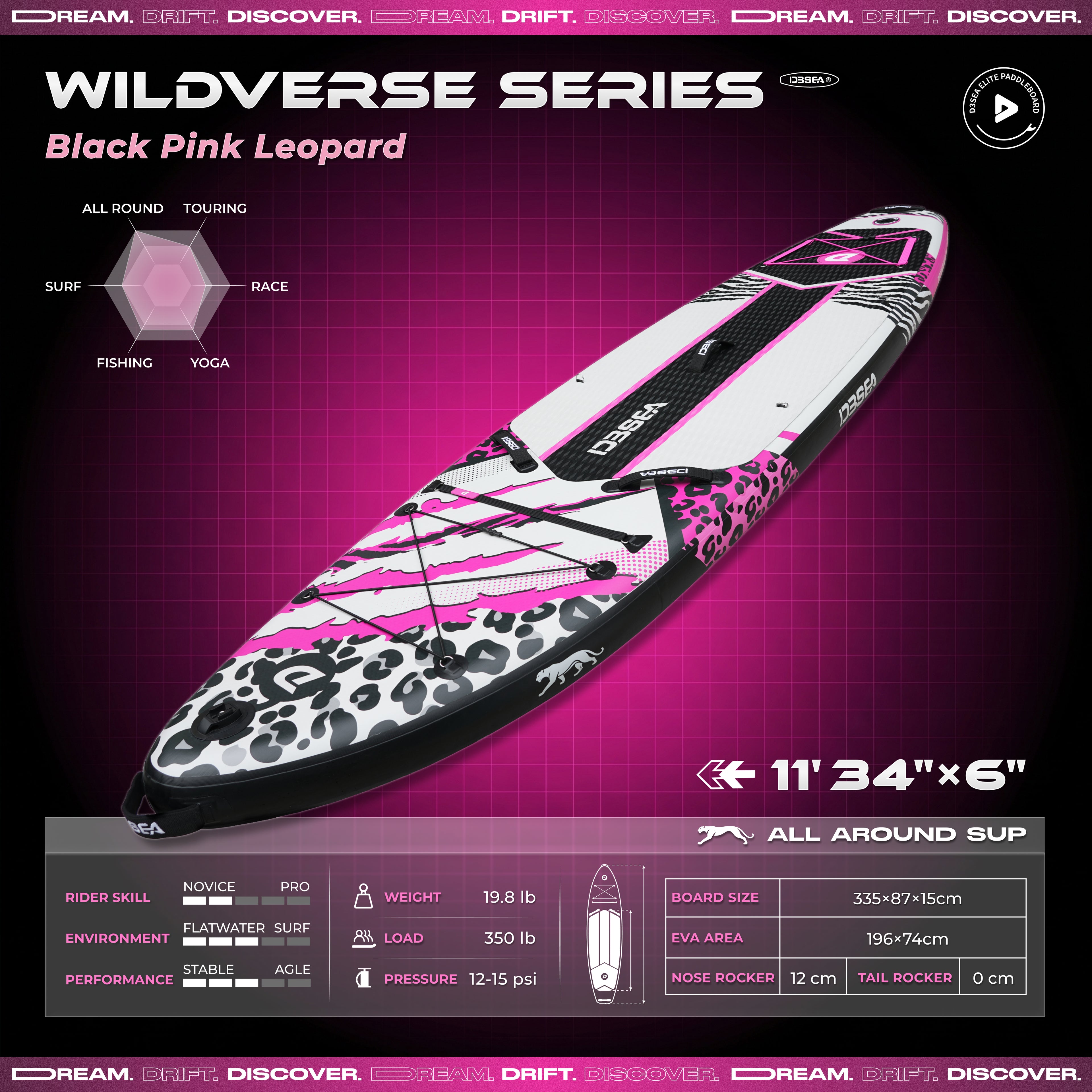 D3SEA 11' × 34" Extra Wide Inflatable Paddle Board - Blackpink Leopard