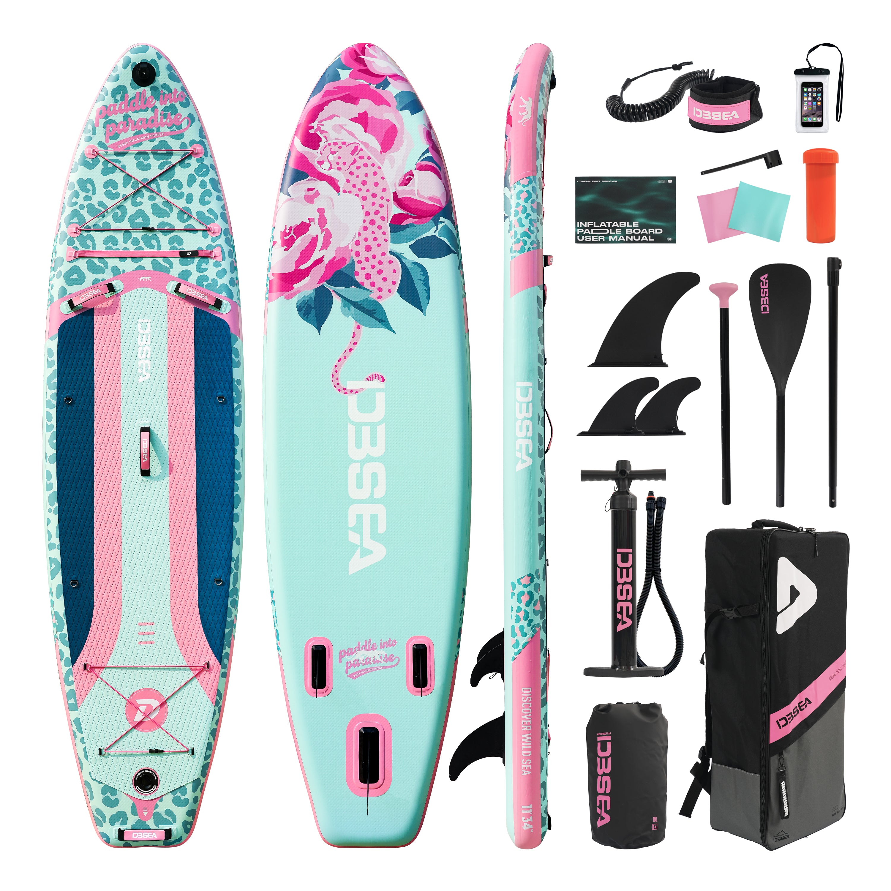 D3SEA 11' × 34" Extra Wide Inflatable Paddle Board - Seafoam Green Leopard