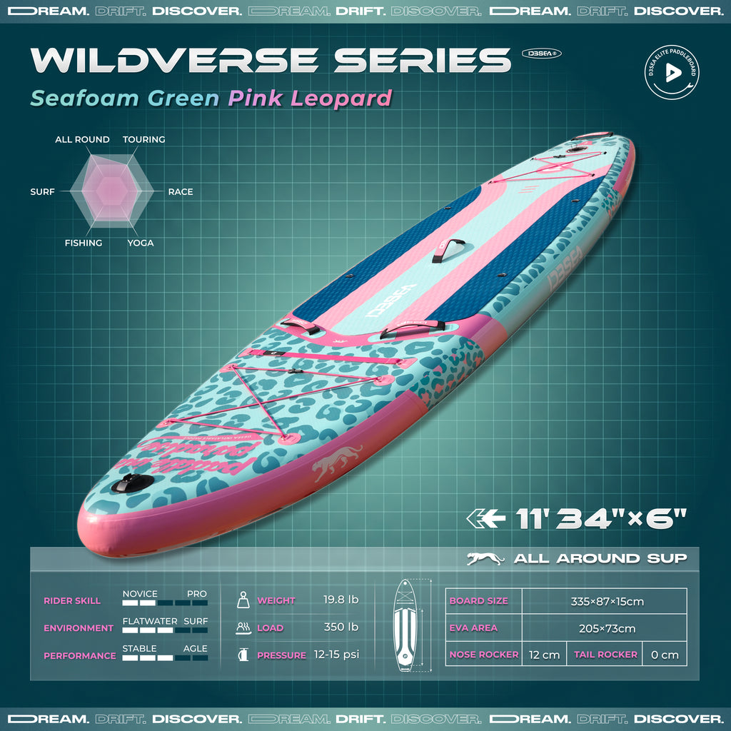 D3SEA 11' × 34" Extra Wide Inflatable Paddle Board - Seafoam Green Leopard