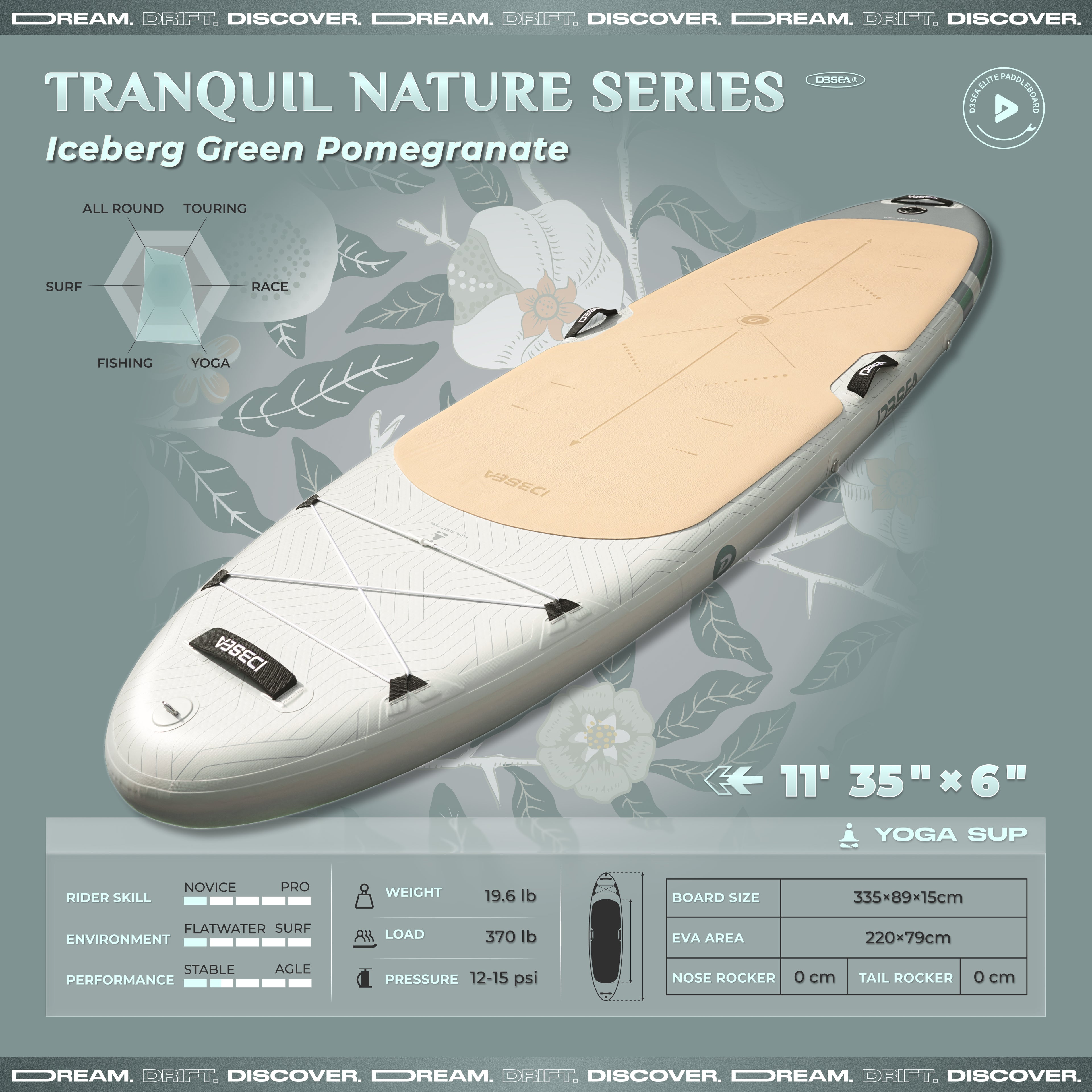 D3SEA 11' × 35" Extra Wide Inflatable Yoga SUP - Iceberg Green Pomegranate