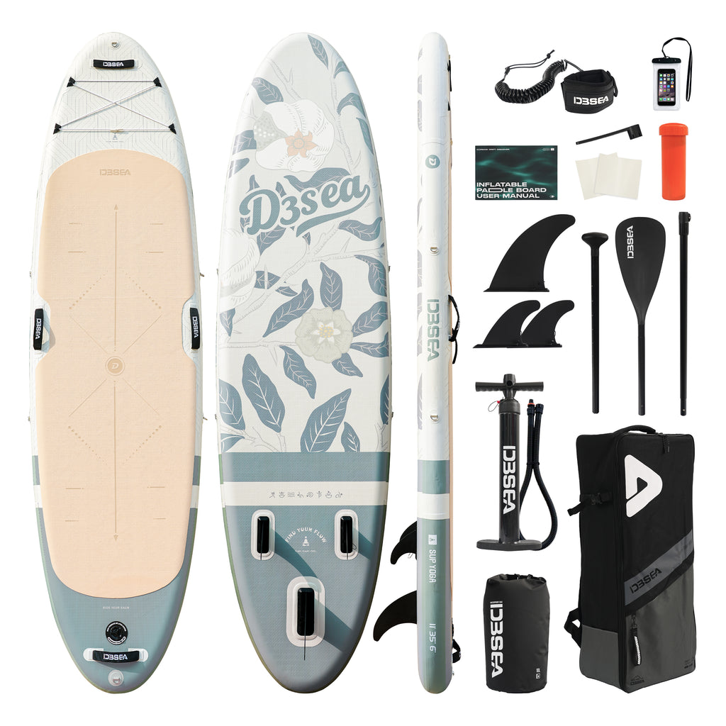D3SEA 11' × 35" Extra Wide Inflatable Yoga SUP - Iceberg Green Pomegranate