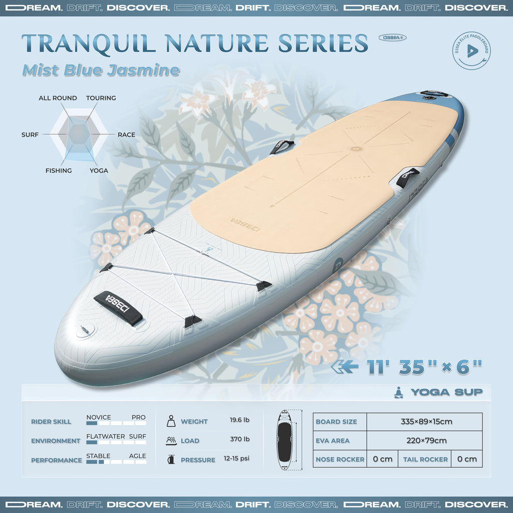 D3SEA 11' × 35" Extra Wide Inflatable Yoga SUP - Mist Blue Jasmine