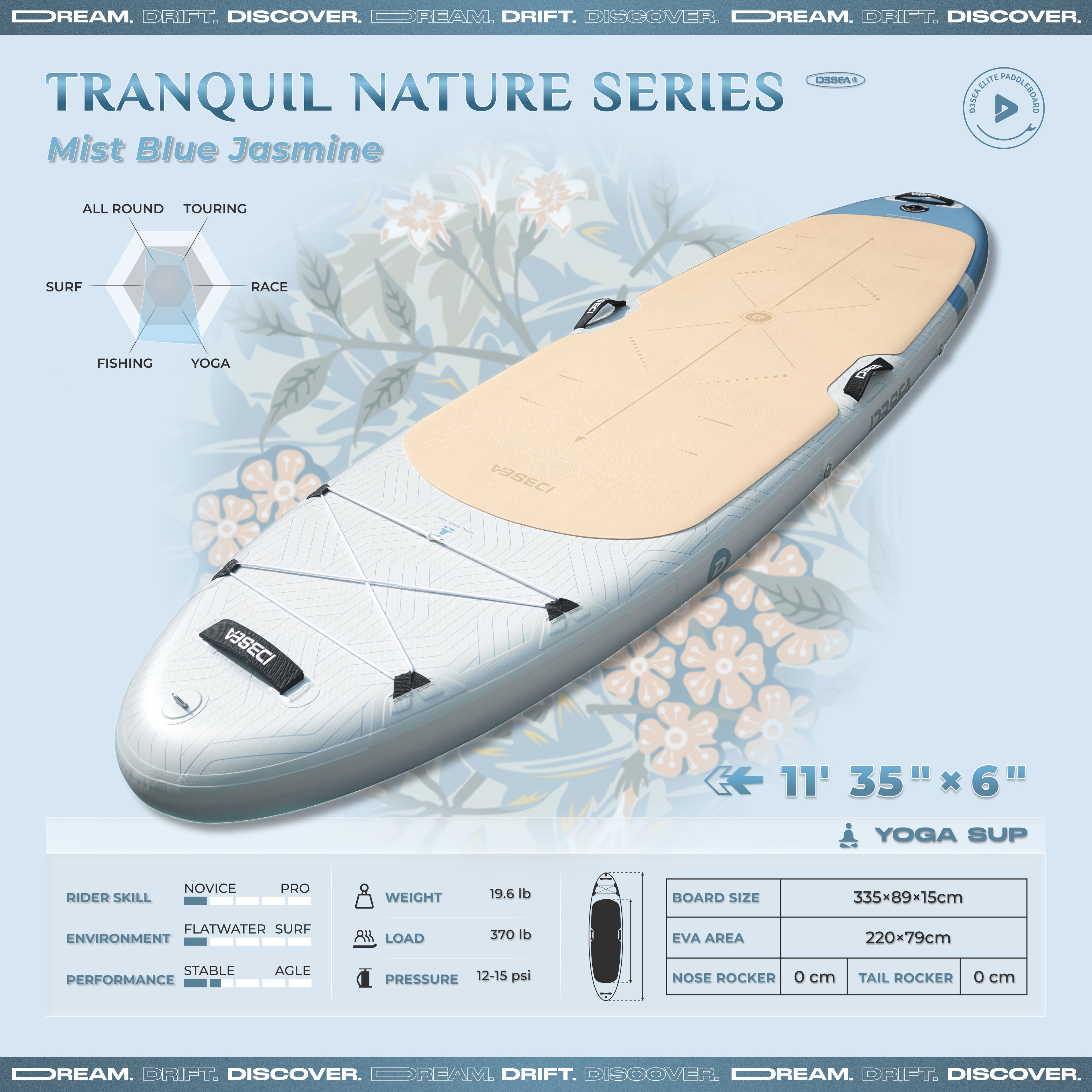 D3SEA 11' × 35" Extra Wide Inflatable Yoga SUP - Mist Blue Jasmine