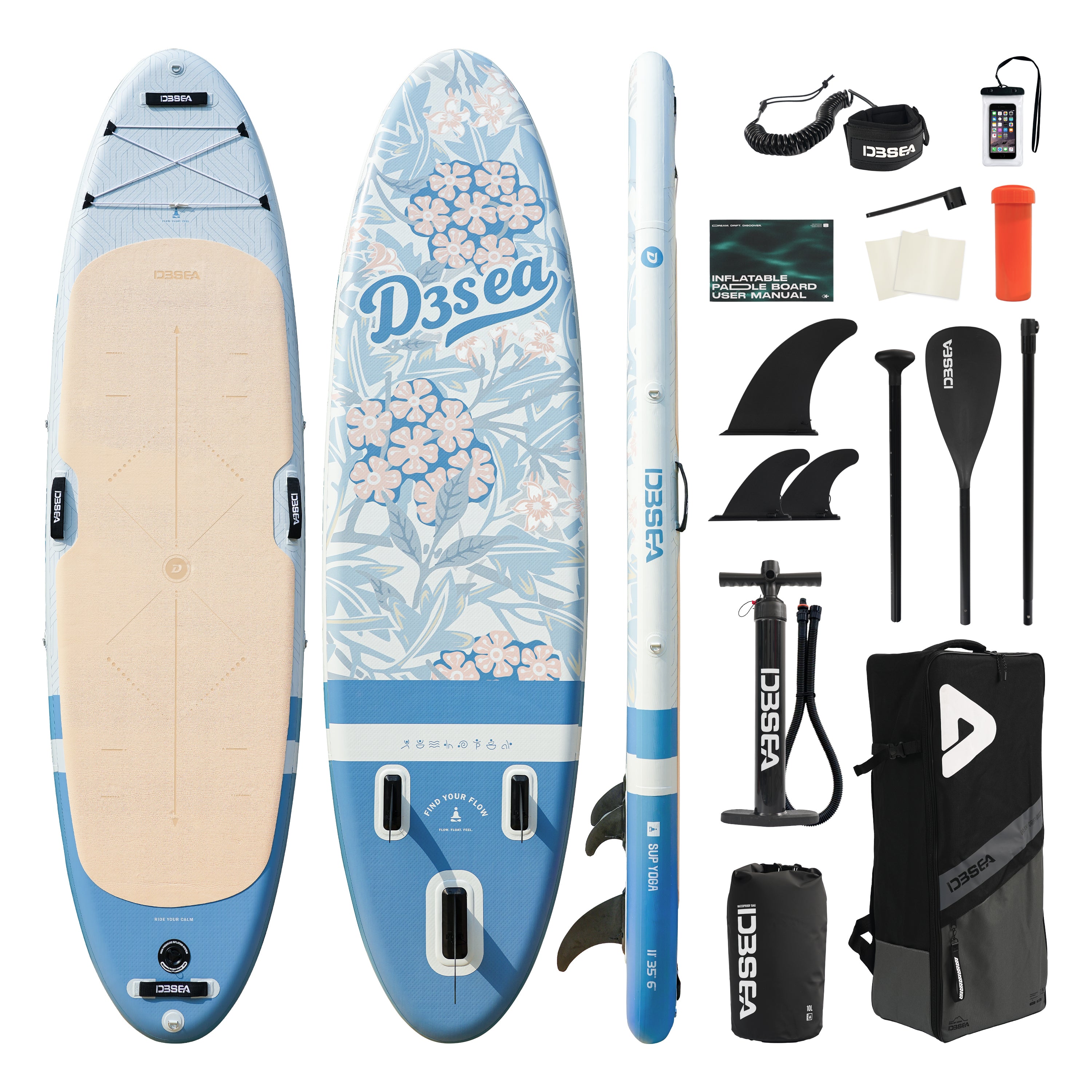 D3SEA 11' × 35" Extra Wide Inflatable Yoga SUP - Mist Blue Jasmine