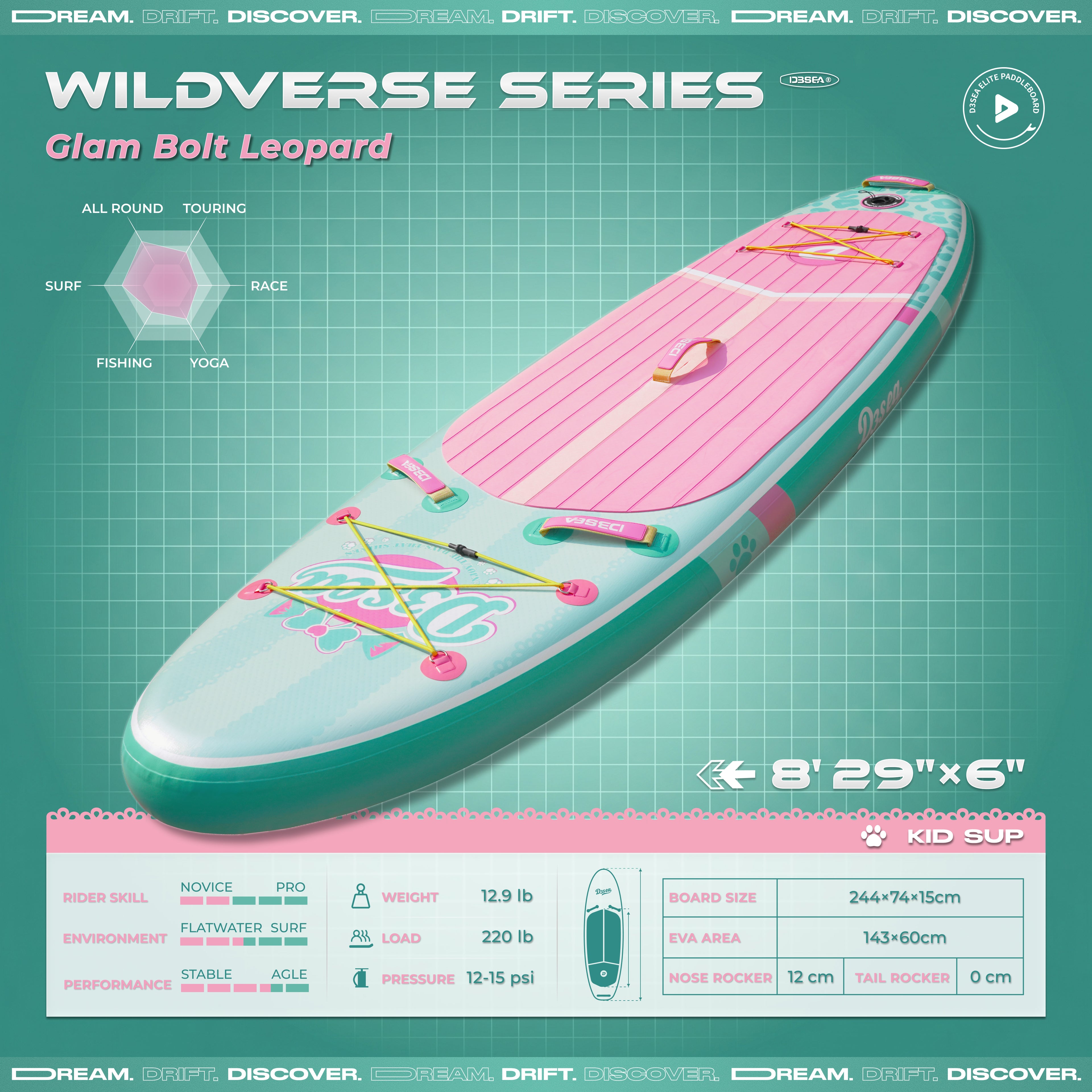 D3SEA 8' × 29" Inflatable Paddle Board for Kids - Glam Bolt Leopard (Mint Pink)