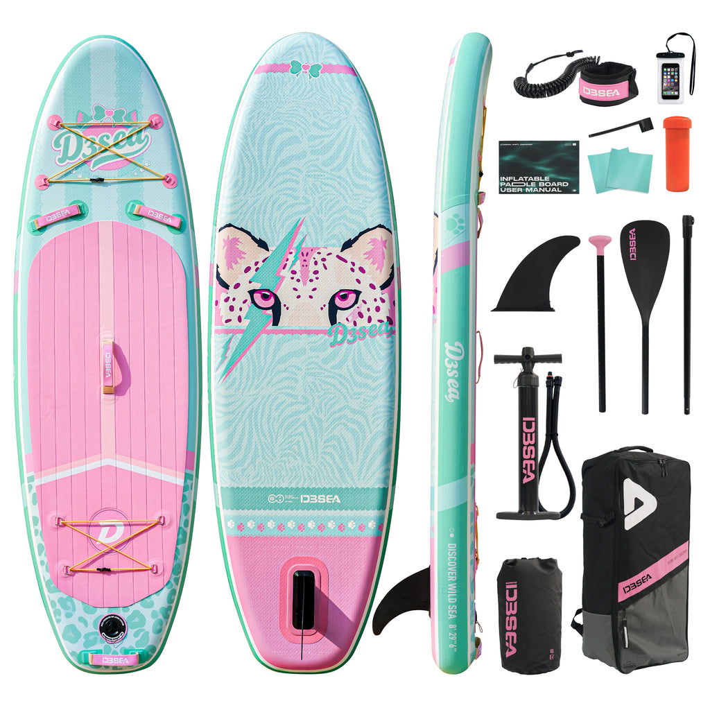 D3SEA 8' × 29" Inflatable Paddle Board for Kids - Glam Bolt Leopard (Mint Pink)