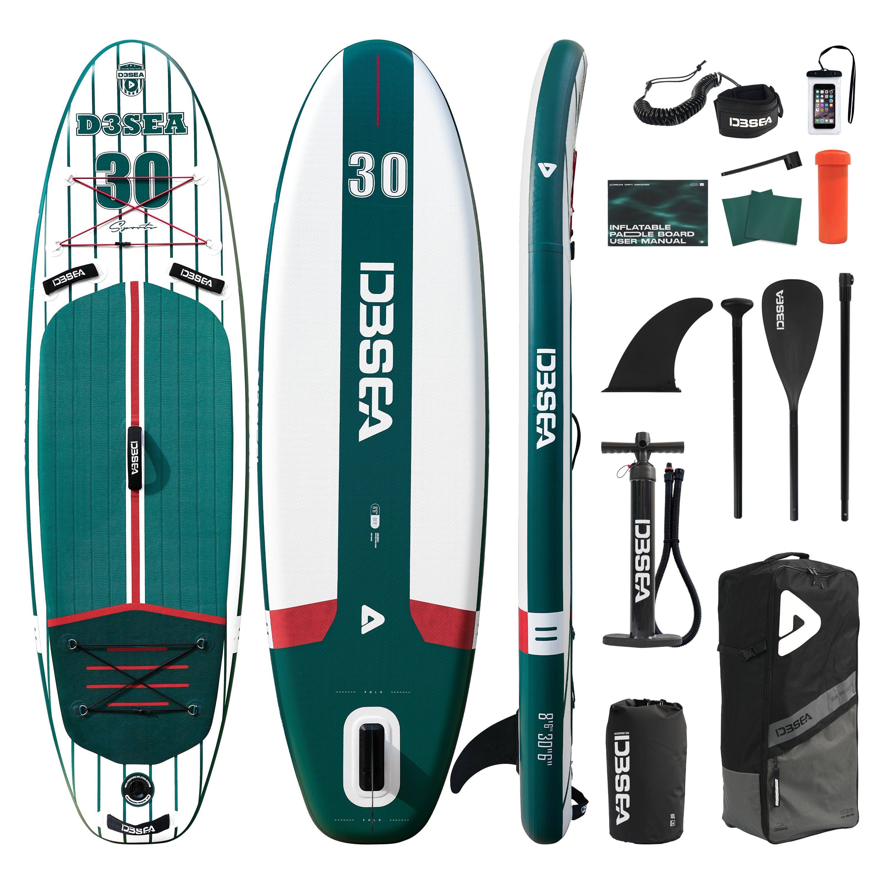 D3SEA 8'6" x 30" Inflatable Paddle Board for Kids - Green Red Varsity