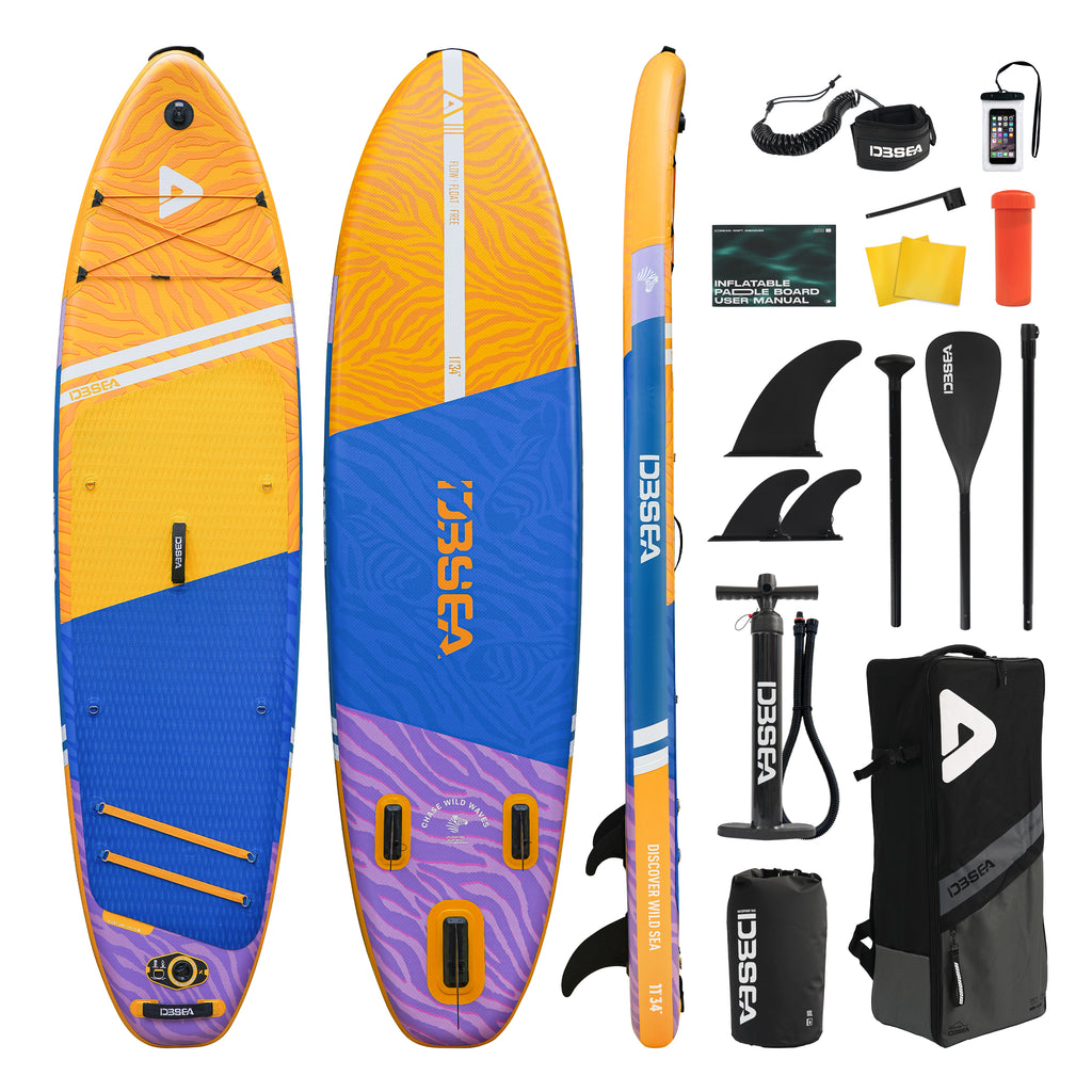 D3SEA 11' × 34" Extra Wide Inflatable Paddle Board - Golden Zest Zebra