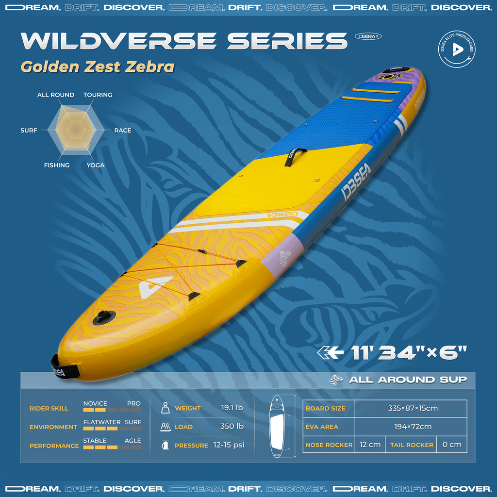 D3SEA 11' × 34" Extra Wide Inflatable Paddle Board - Golden Zest Zebra