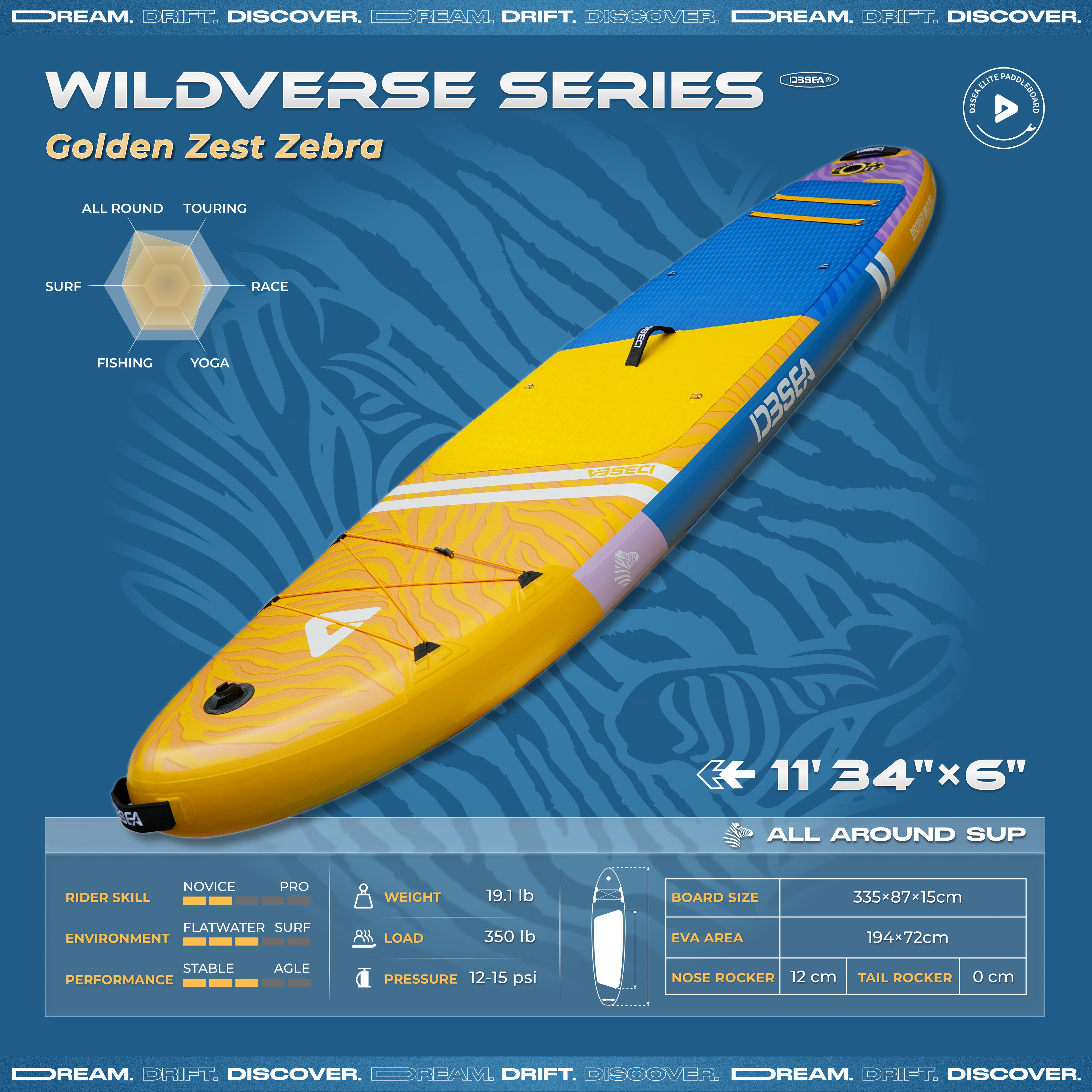 D3SEA 11' × 34" Extra Wide Inflatable Paddle Board - Golden Zest Zebra