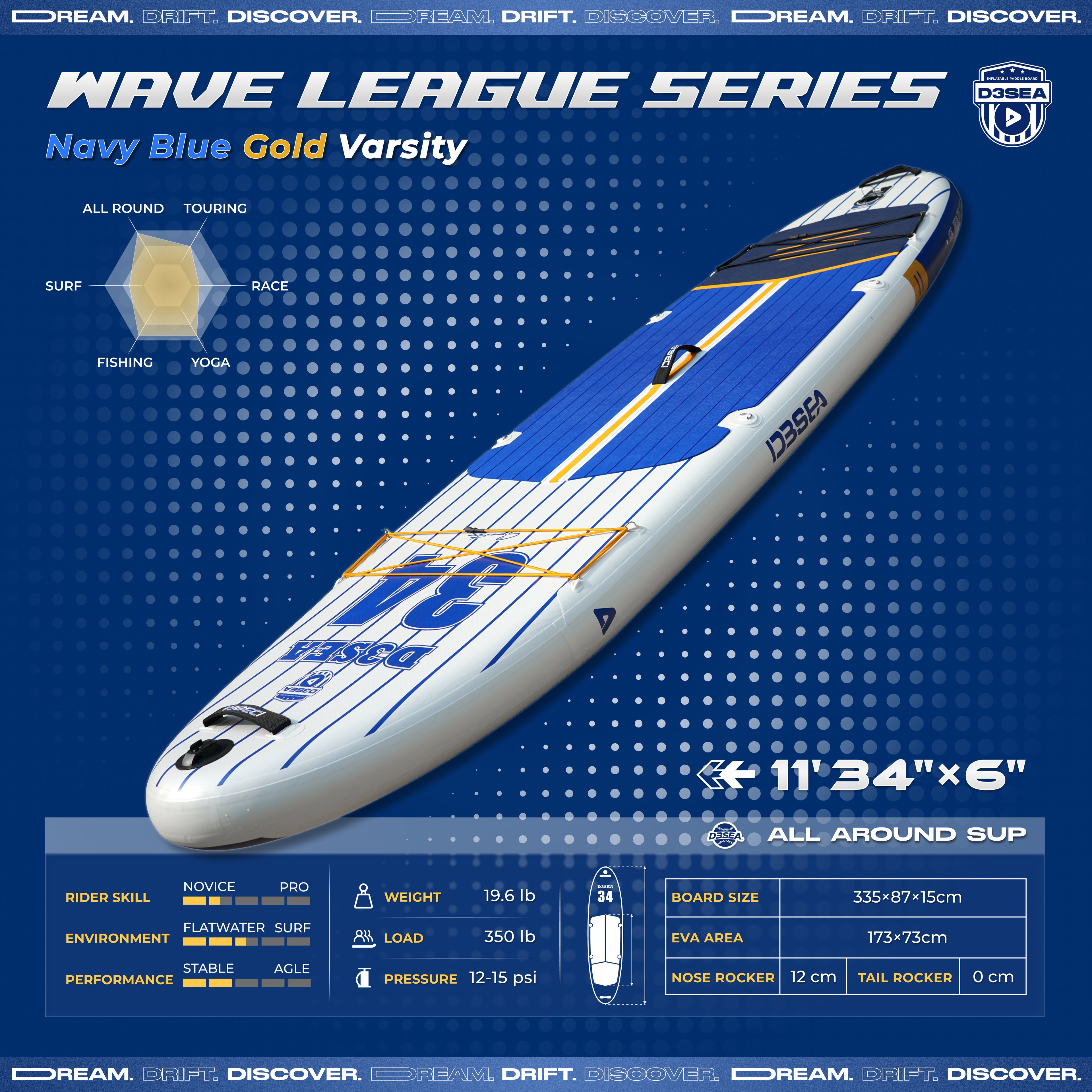 D3SEA 11' x 34" Extra Wide Inflatable Paddle Board - Navy Blue Gold Varsity