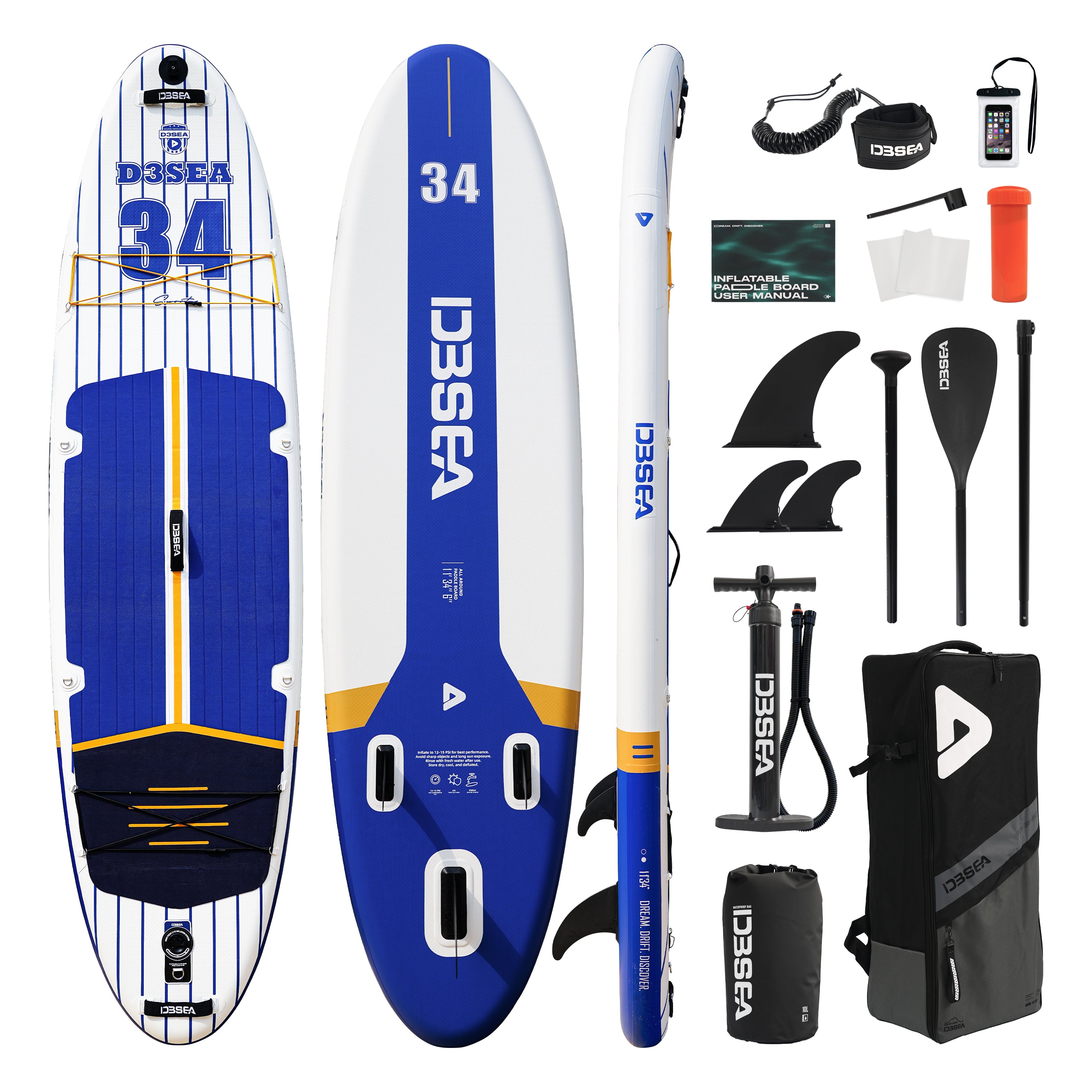D3SEA 11' x 34" Extra Wide Inflatable Paddle Board - Navy Blue Gold Varsity