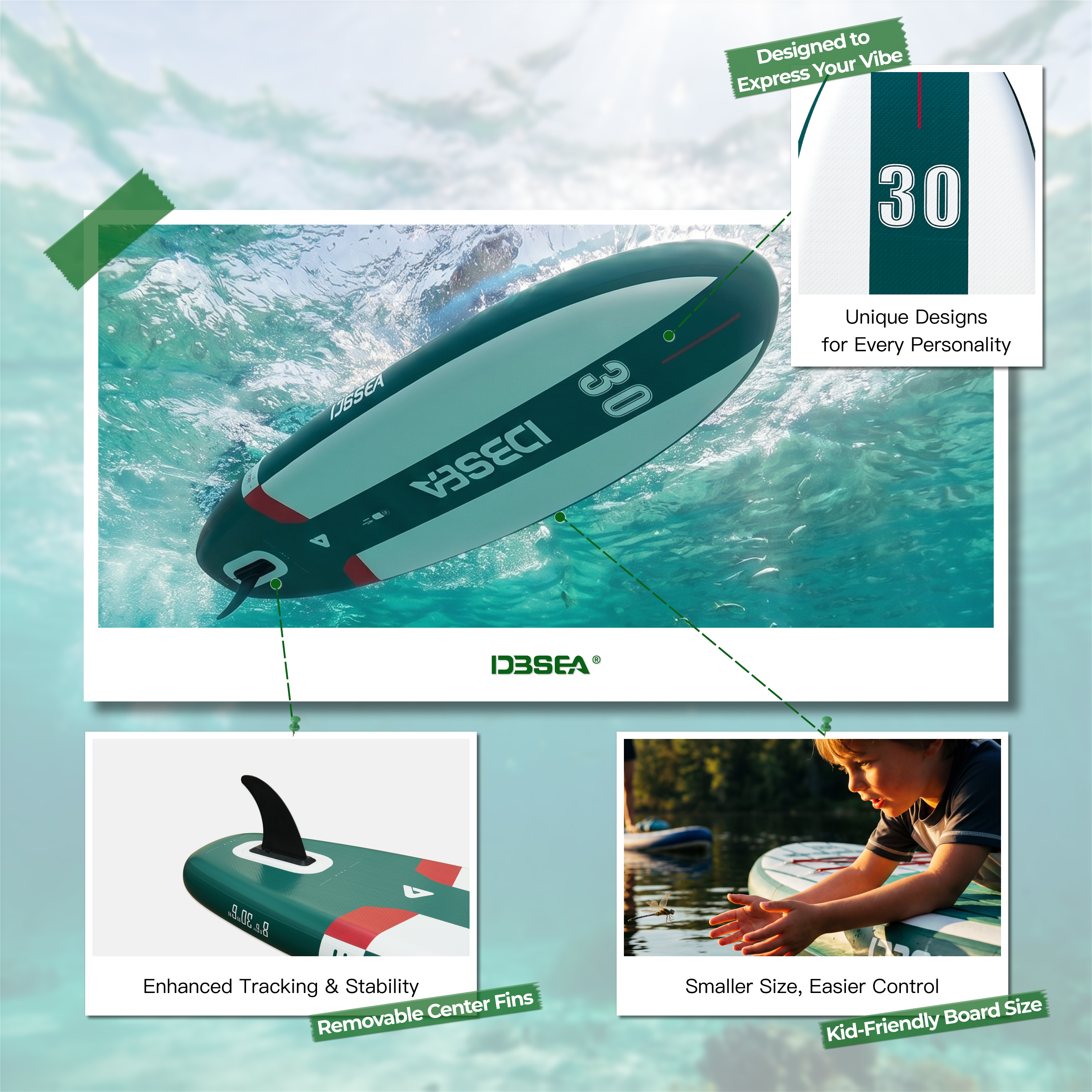 D3SEA 8'6" x 30" Inflatable Paddle Board for Kids - Green Red Varsity